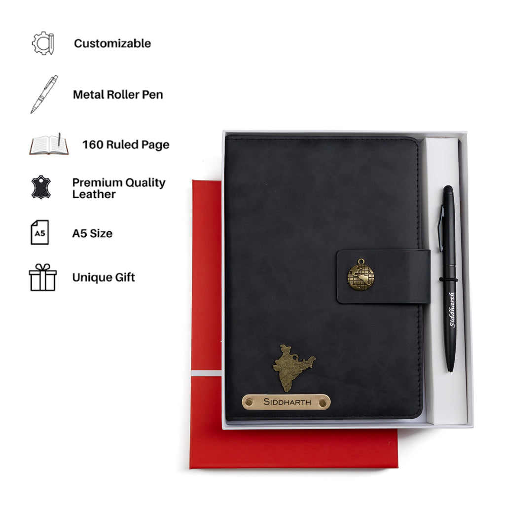 AICA Personalized Name & Charm Leather Magnetic Diary & Pen Combo (Black)