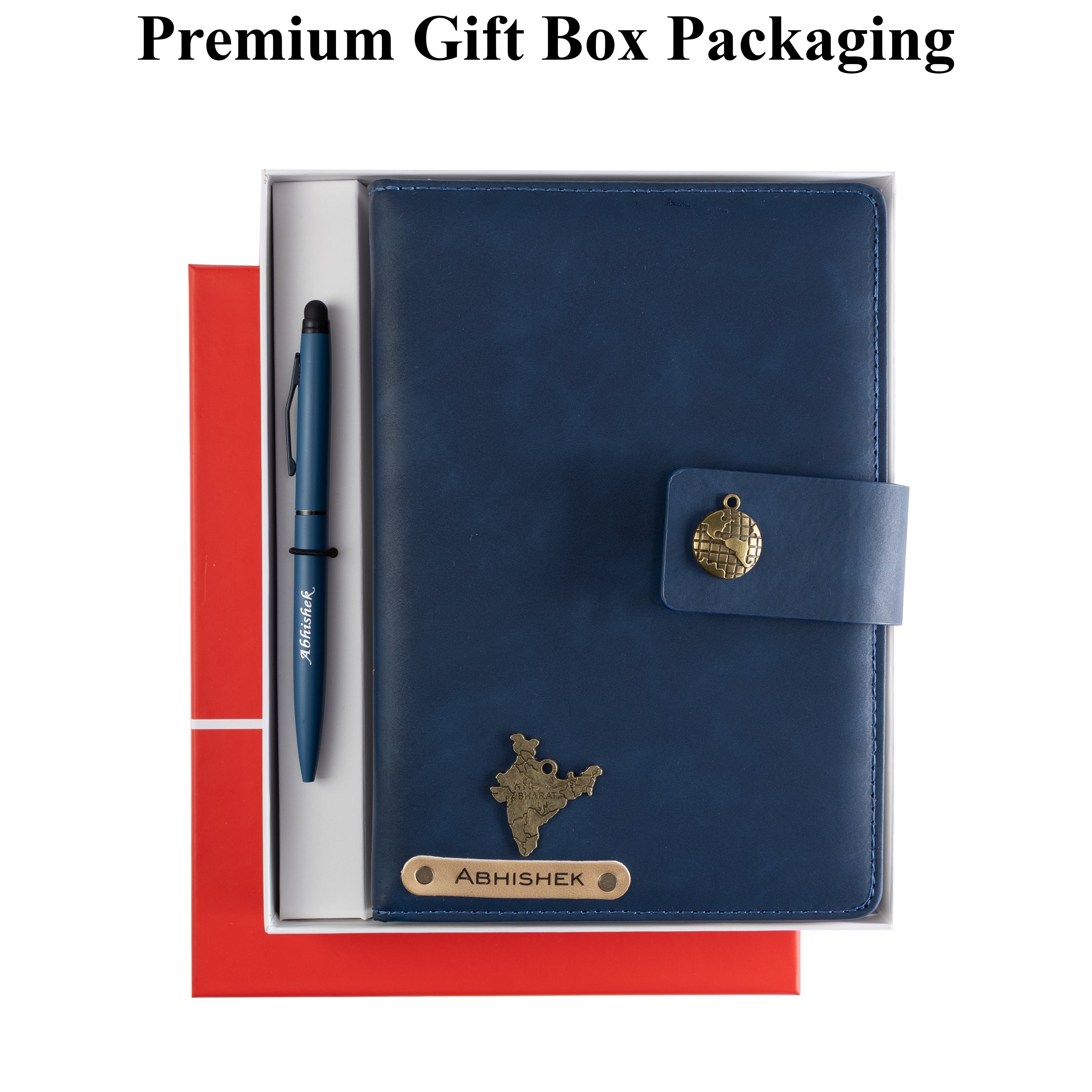 AICA Personalized Name & Charm Leather Magnetic Diary & Pen Combo (Navyblue)