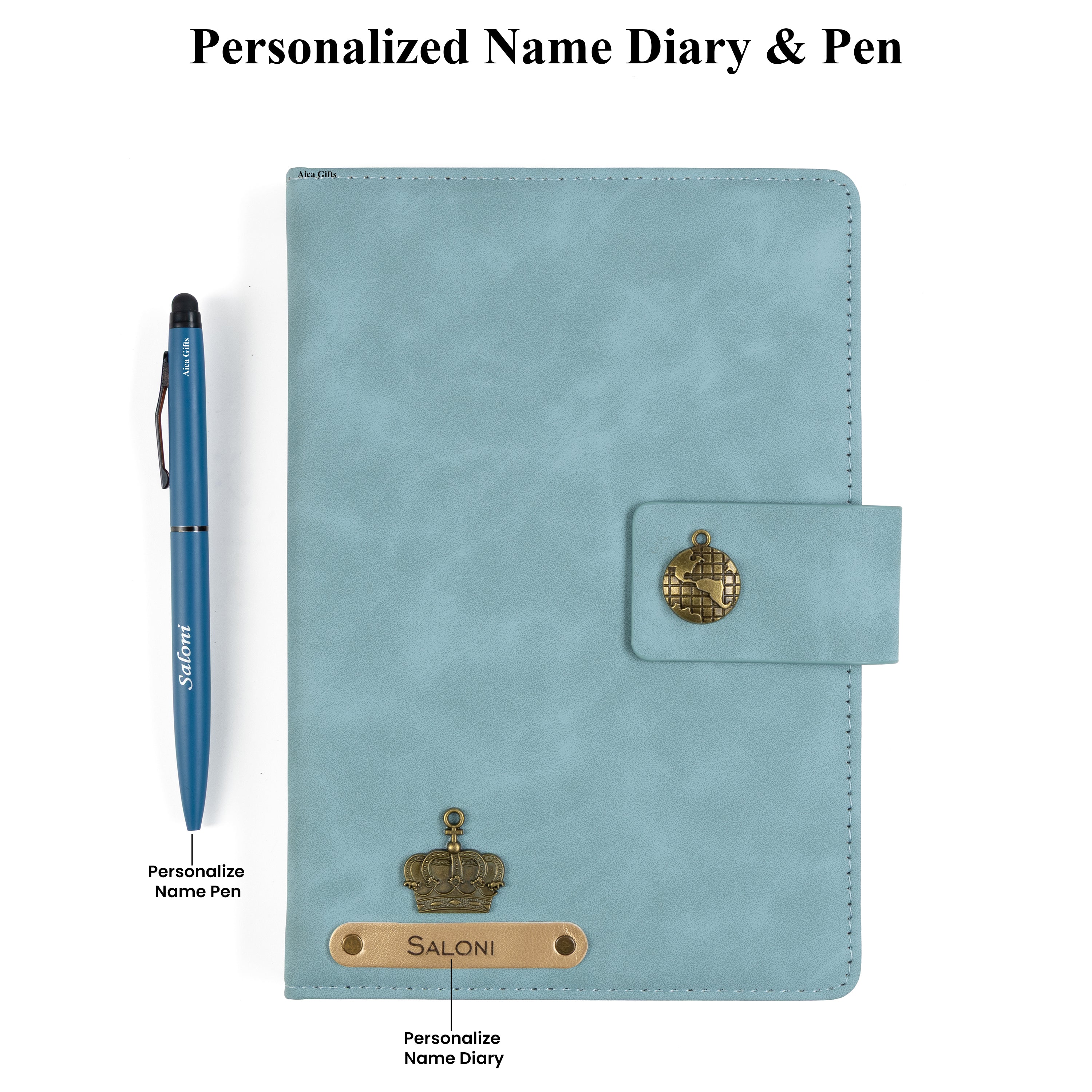 AICA Personalized Name & Charm Leather Magnetic Diary & Pen Combo (Light Blue)