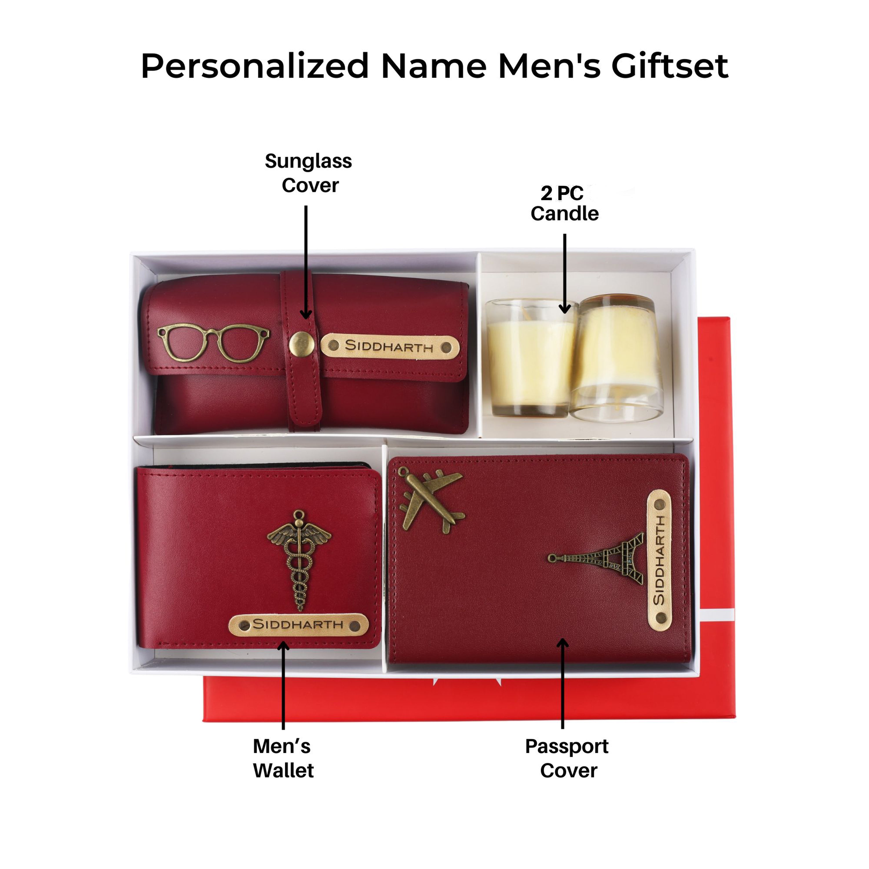 Aica Personalized Name & Charm Leather Men Combo (Wine)