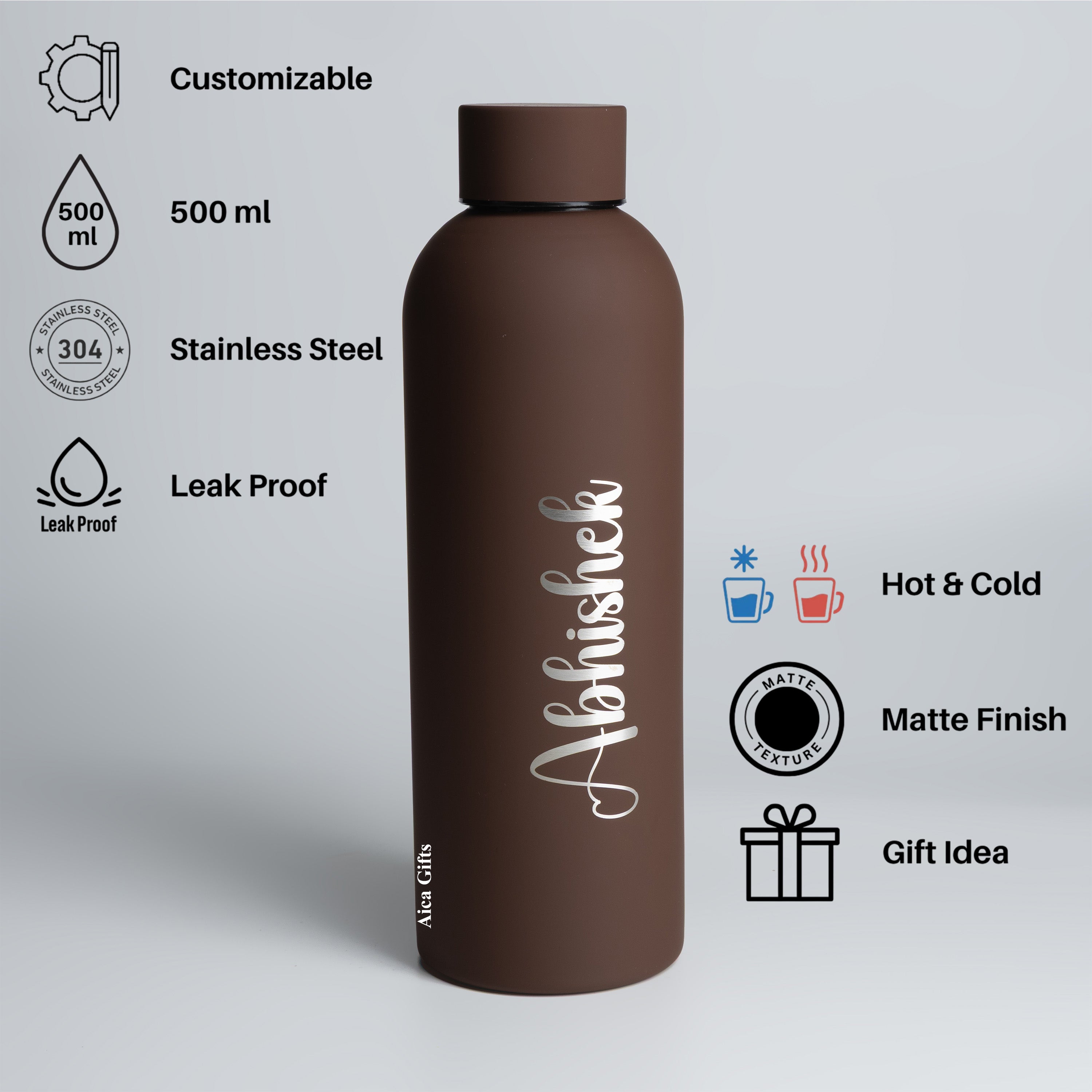 Personalized Name Stainless Steel Water Bottle - 500ml, Hot & Cold - Dark Brown
