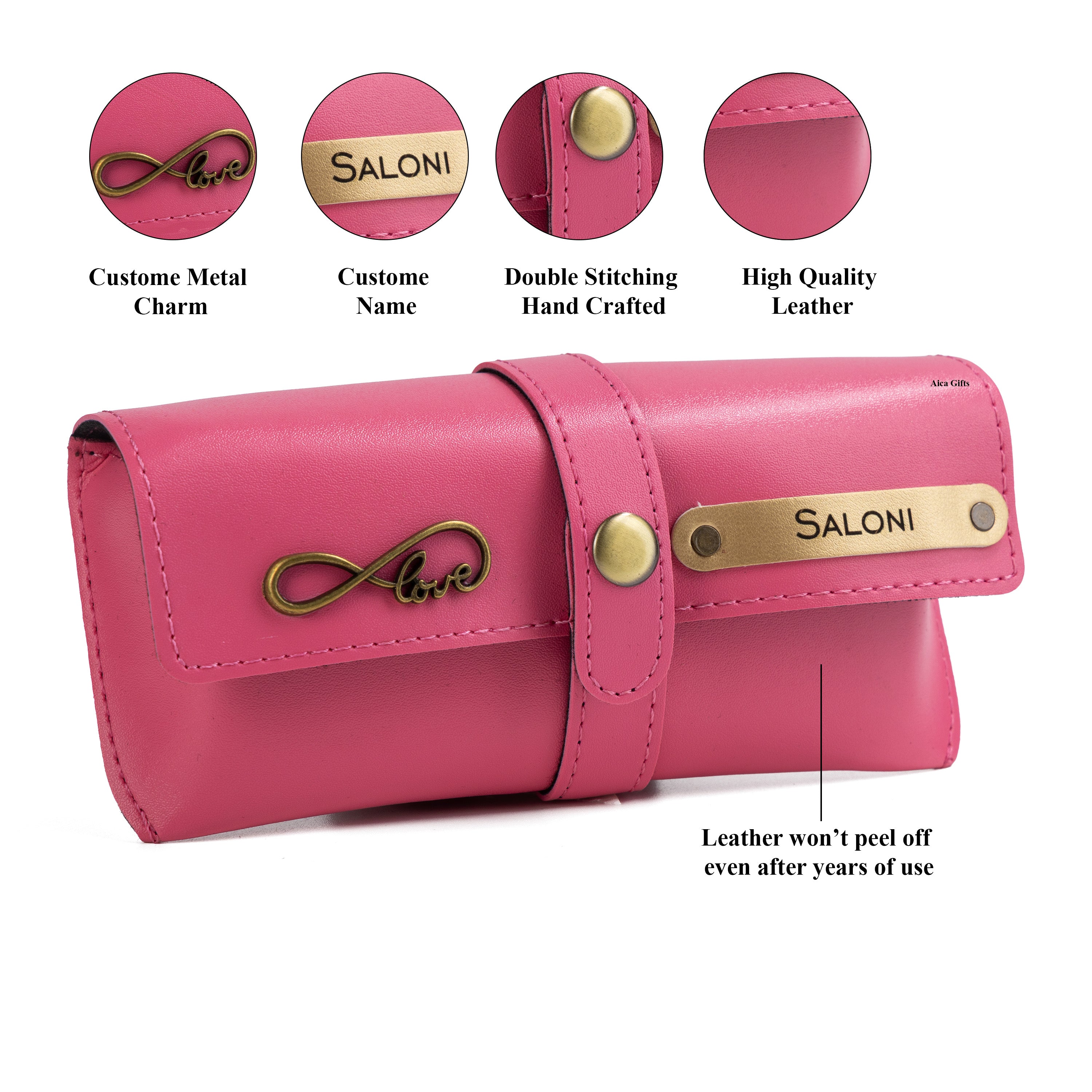 AICA Personalised Name & Charm Leather Sunglass Case Cover for Men & Women (Darkpink)