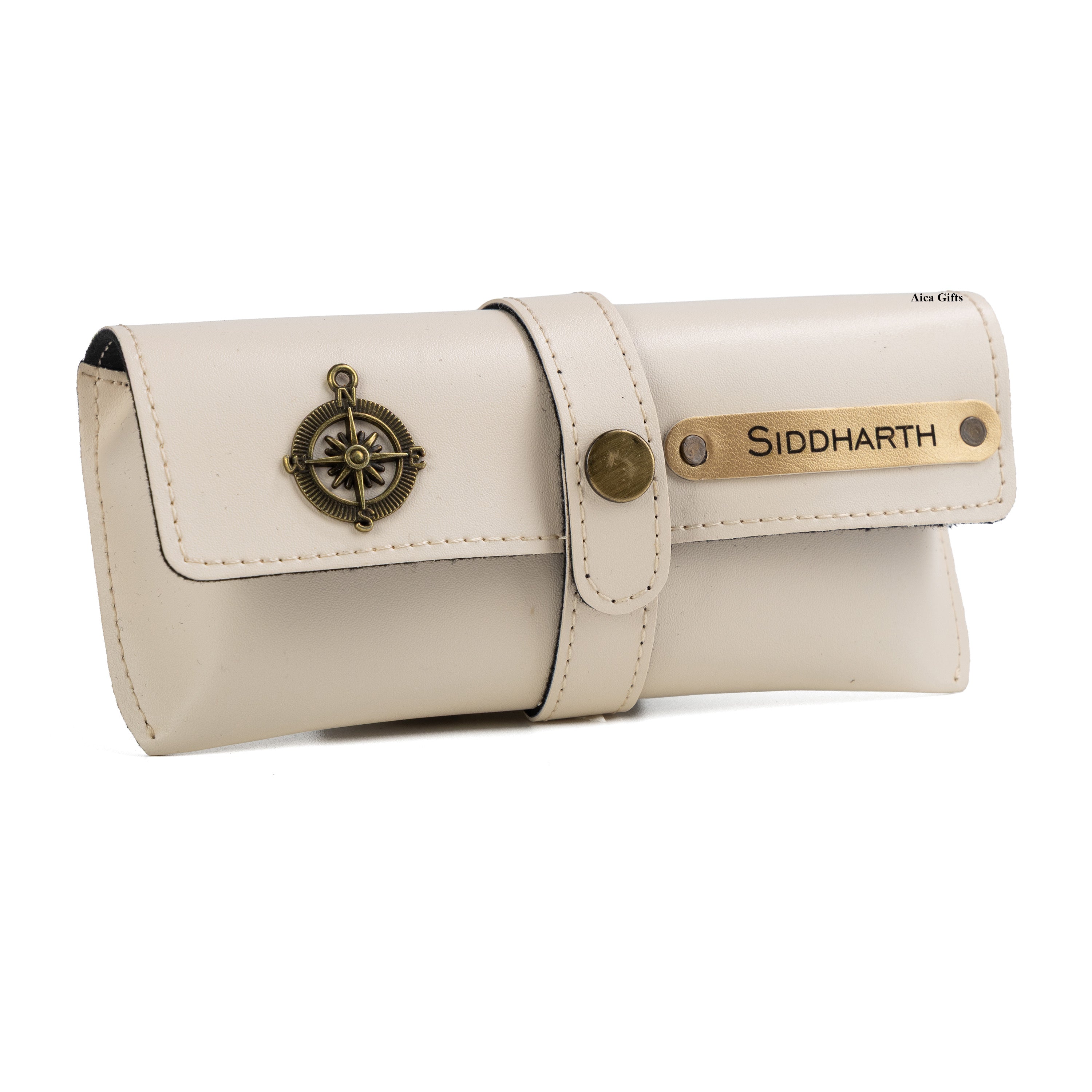 AICA Personalised Name & Charm Leather Sunglass Case Cover for Men & Women (Cream)