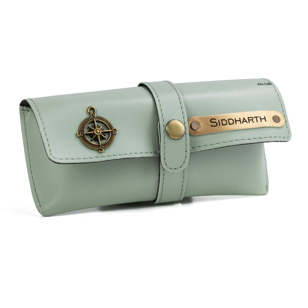 AICA Personalised Name & Charm Leather Sunglass Case Cover for Men & Women (Mintgreen)