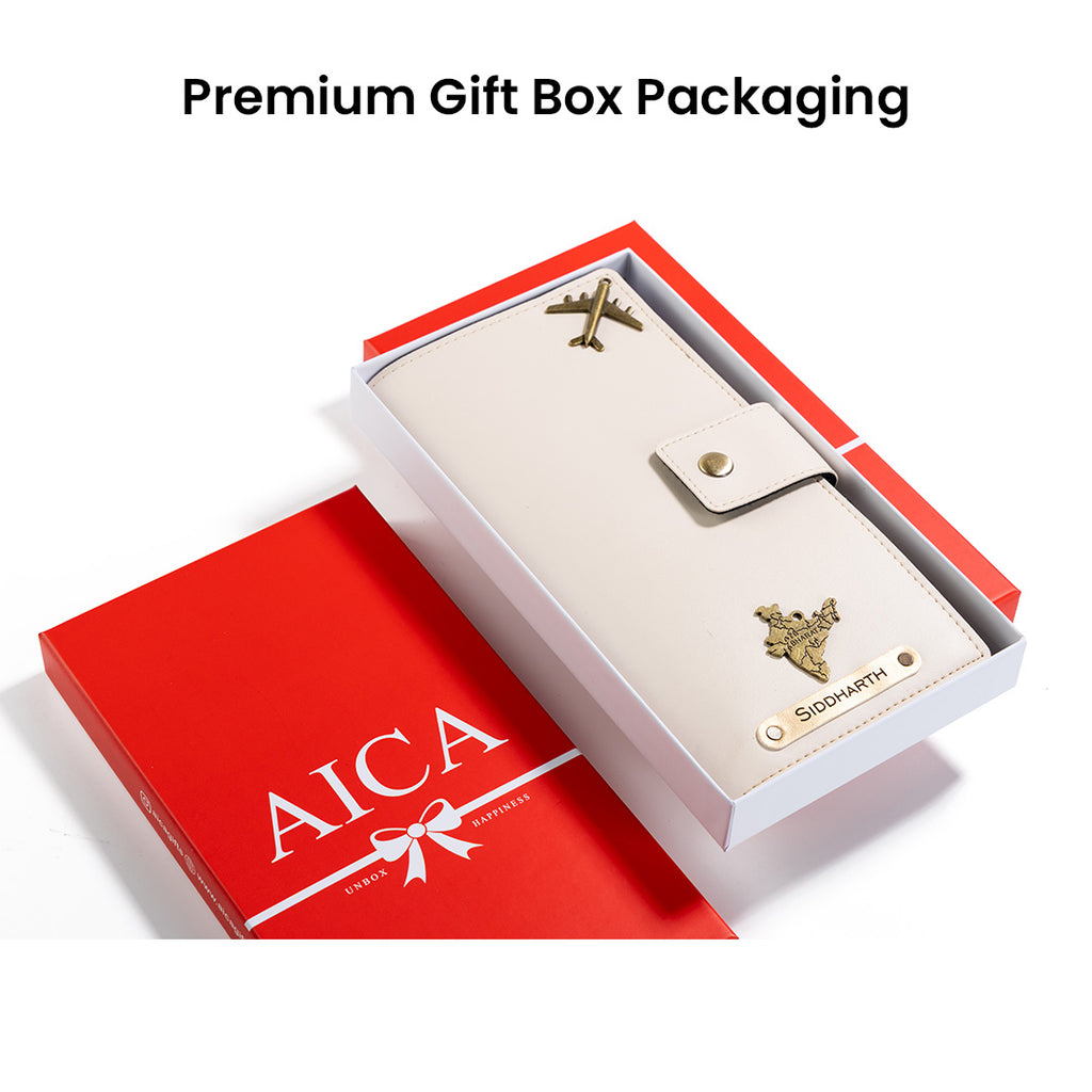AICA Personalized Name & Charm Long Leather Wallet Passport Cover (Cream)