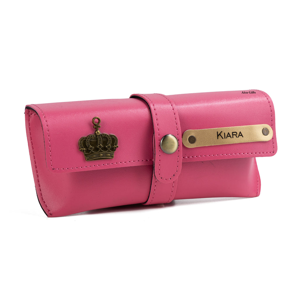 AICA Personalised Name & Charm Leather Sunglass Case Cover for Men & Women (Darkpink)