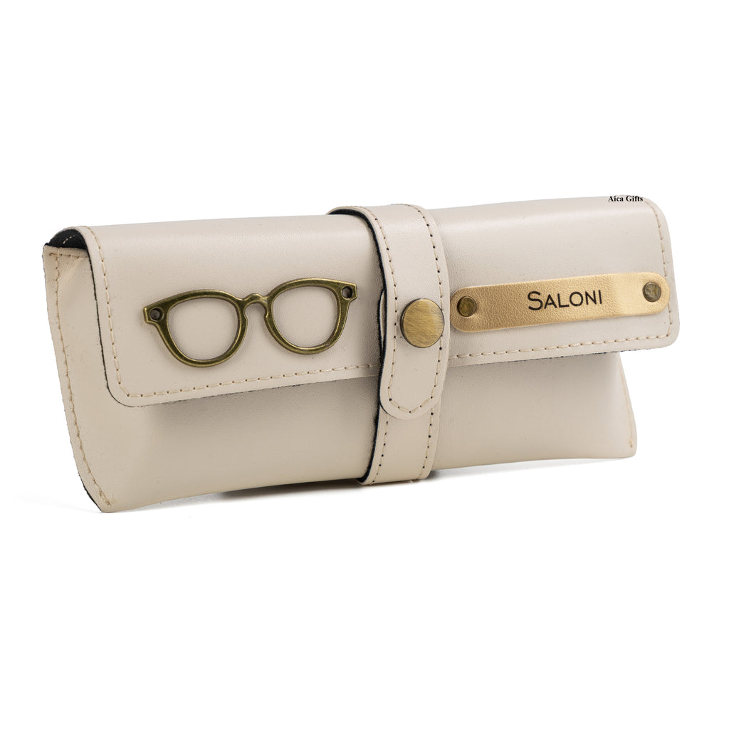 AICA Personalised Name & Charm Leather Sunglass Case Cover for Men & Women (Cream)