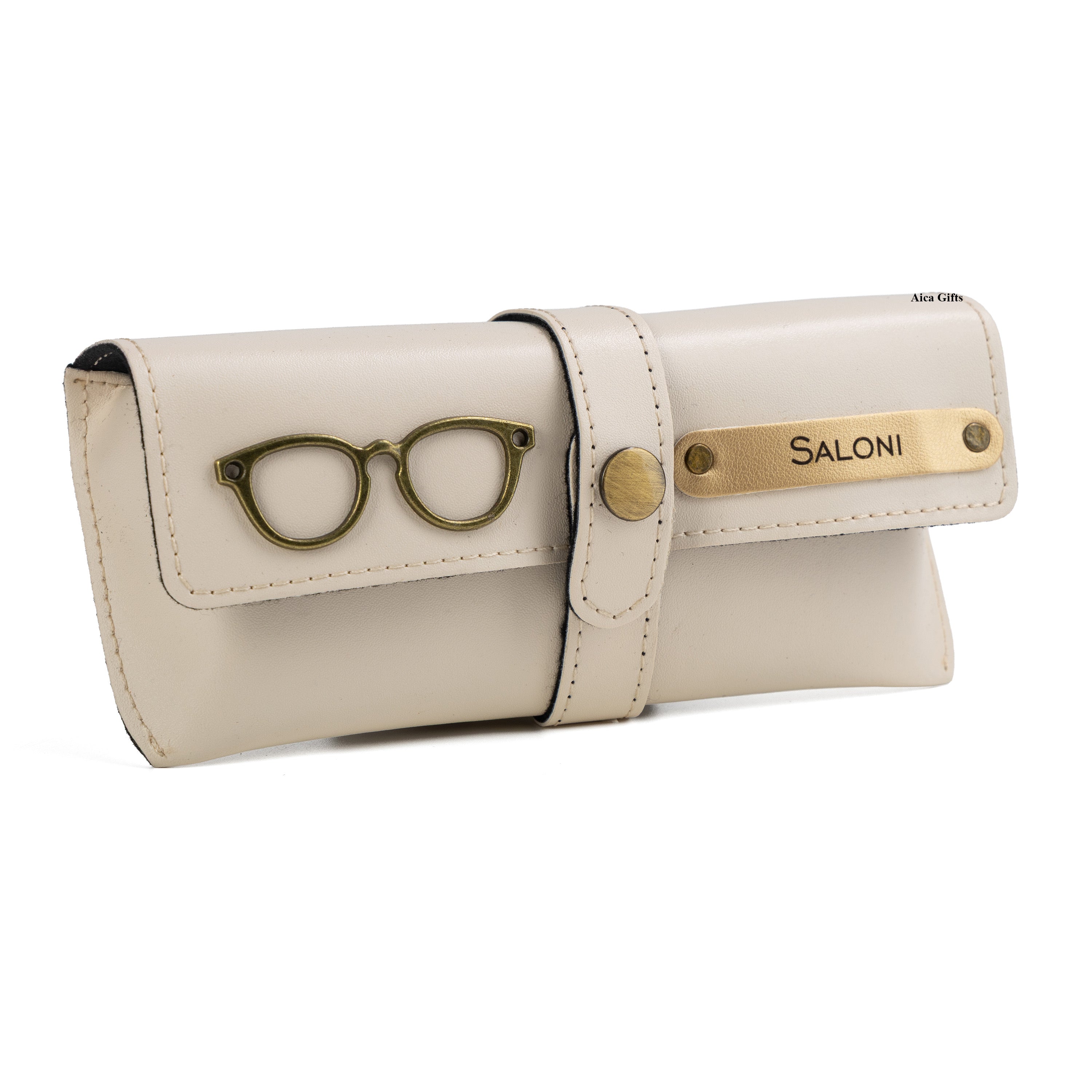 AICA Personalised Name & Charm Leather Sunglass Case Cover for Men & Women (Cream)