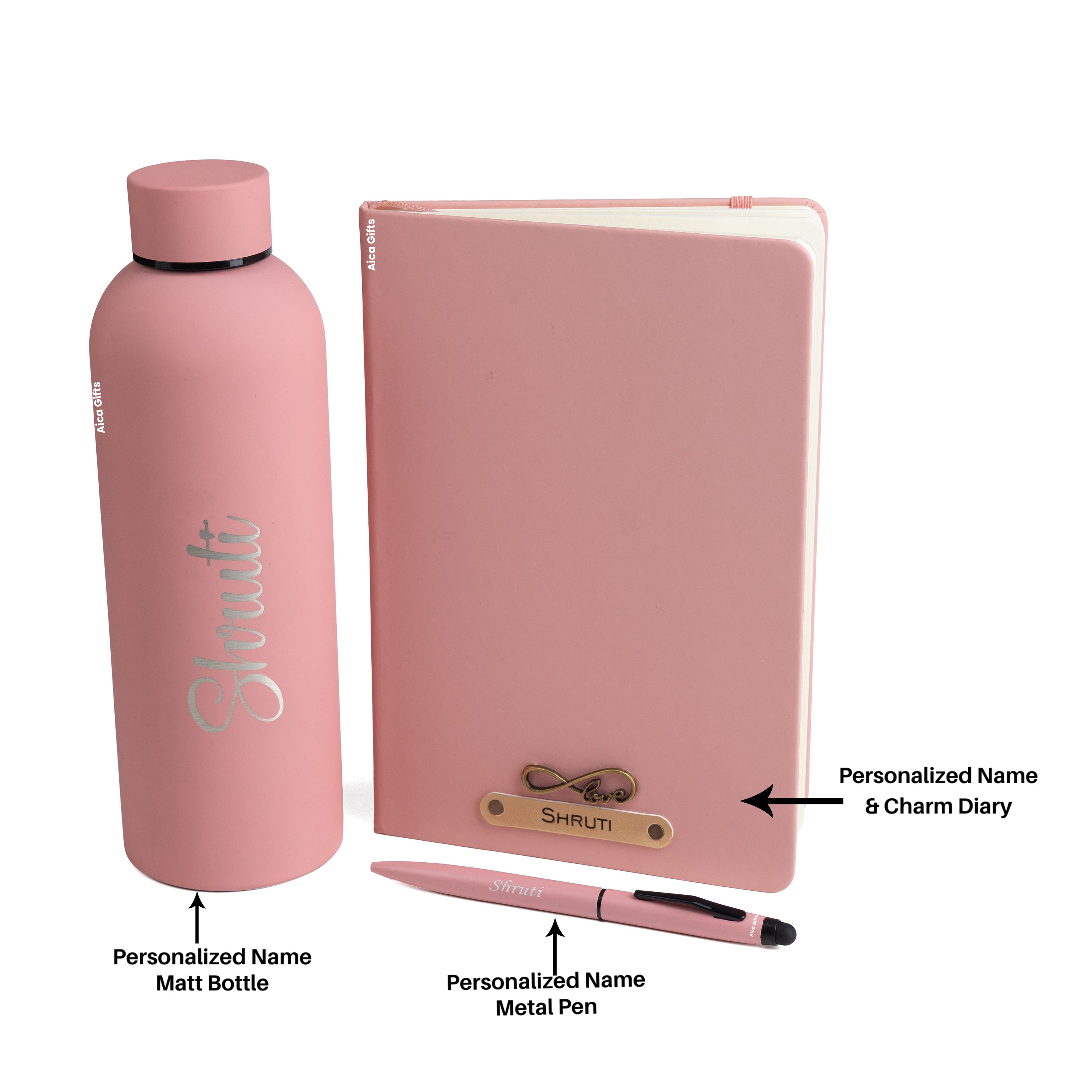 Personalized-  Pen Bottle Diary Combo Giftset - Nudepink