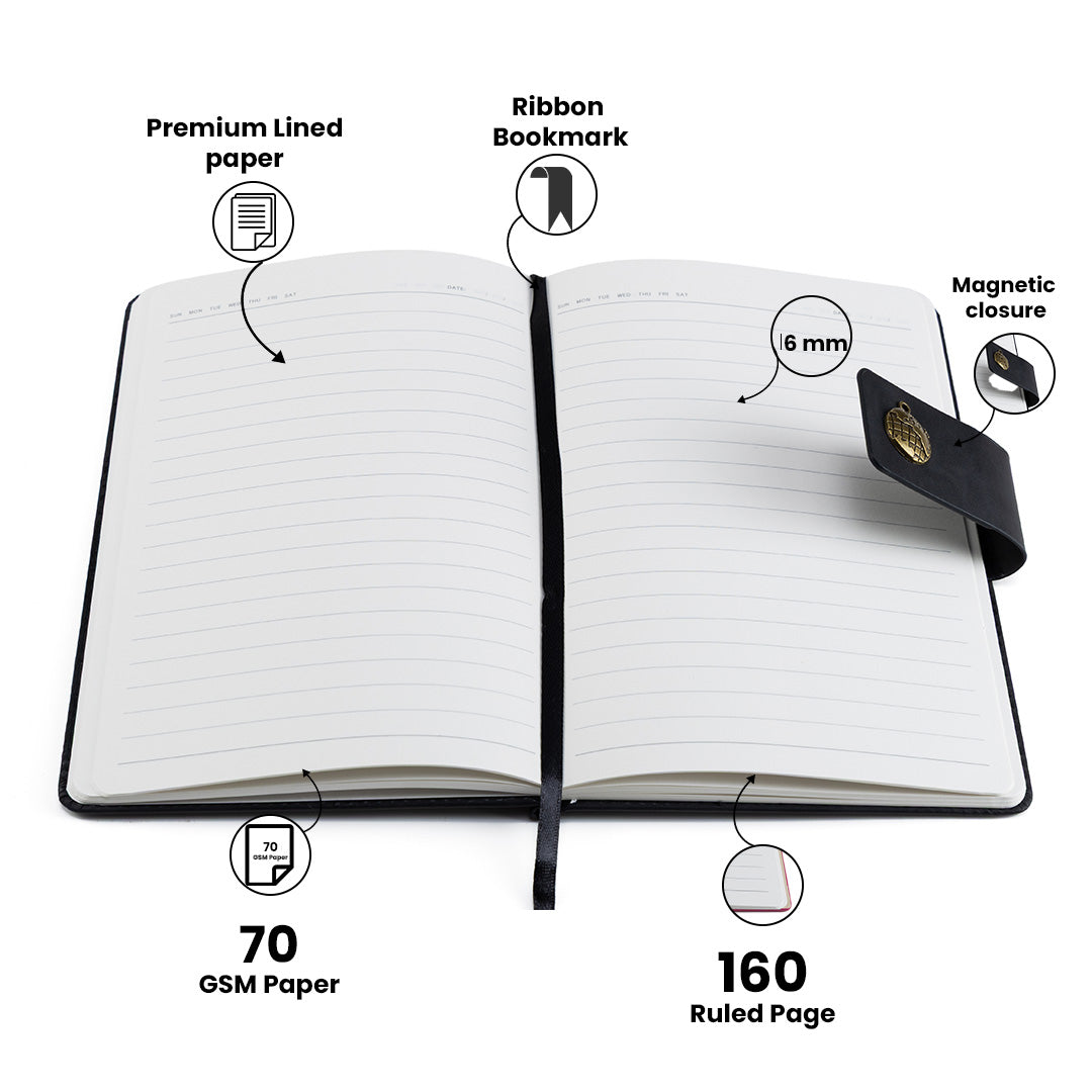 AICA Personalized Name & Charm Leather Magnetic Diary & Pen Combo (Black)