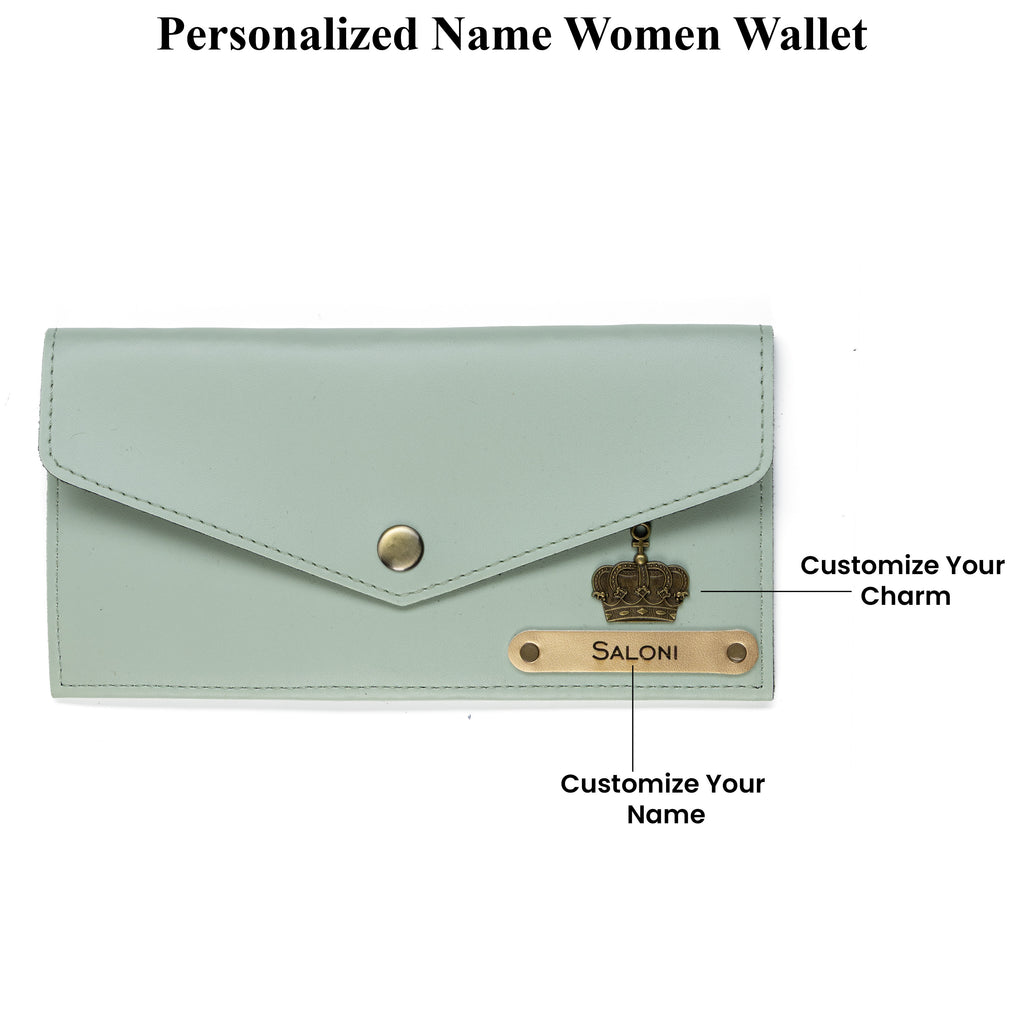 AICA Personalised Name & Charm Leather Wallet Gift for Women (Mint Green)