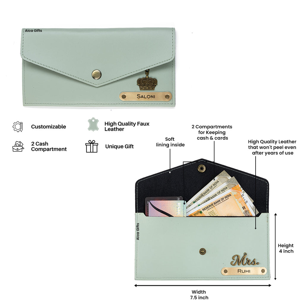 AICA Personalised Name & Charm Leather Wallet Gift for Women (Mint Green)