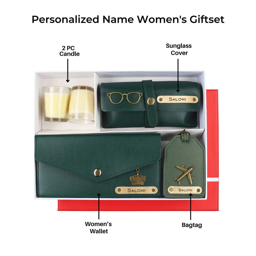 Aica Personalized Name & Charm Leather Women's Combo & Candle Giftset (Dark Green)