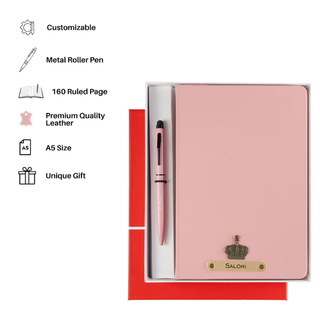 AICA Personalized Nude Pink Leather Diary & Metal Pen Combo for Men & Women( Nude Pink)