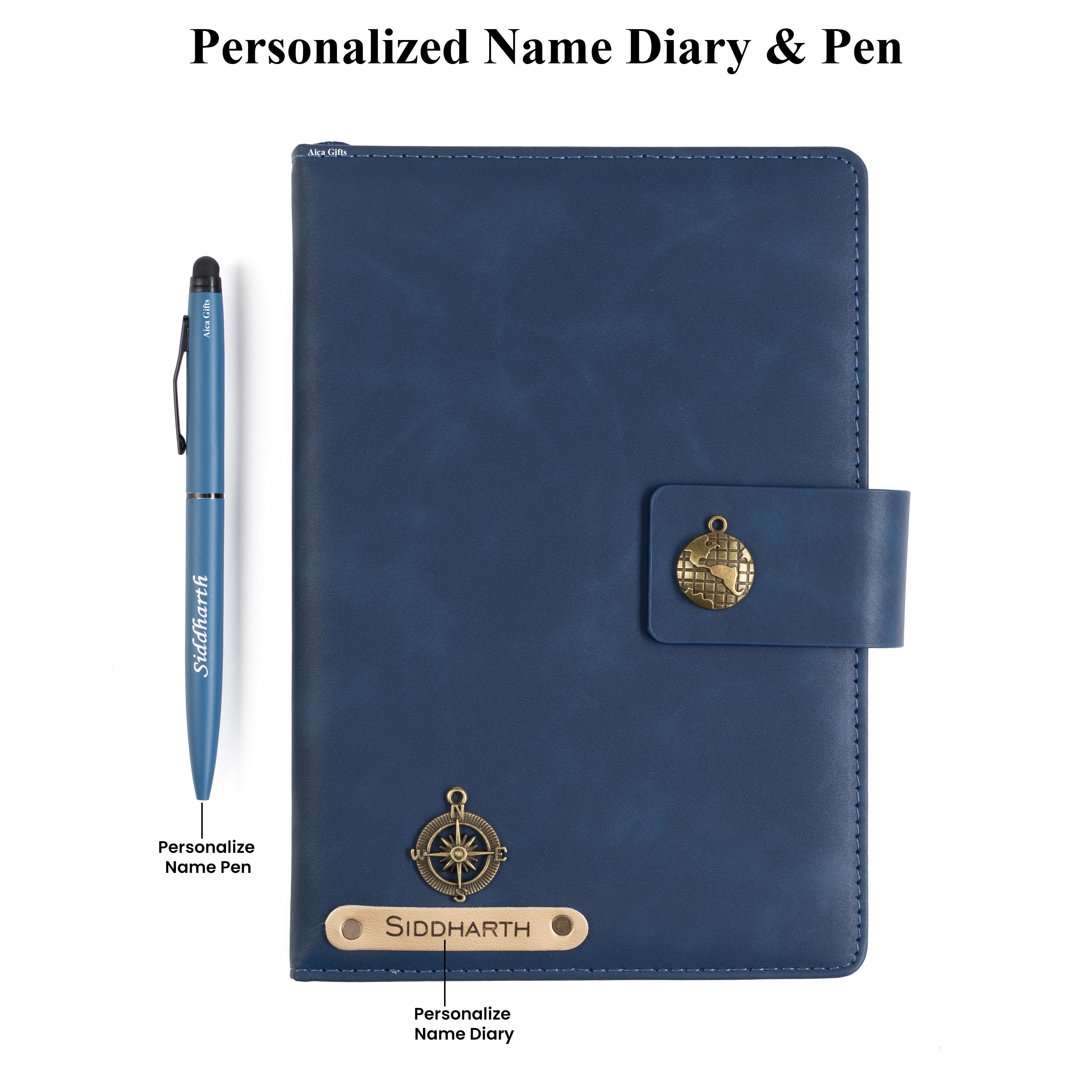 AICA Personalized Name & Charm Leather Magnetic Diary & Pen Combo (Navyblue)