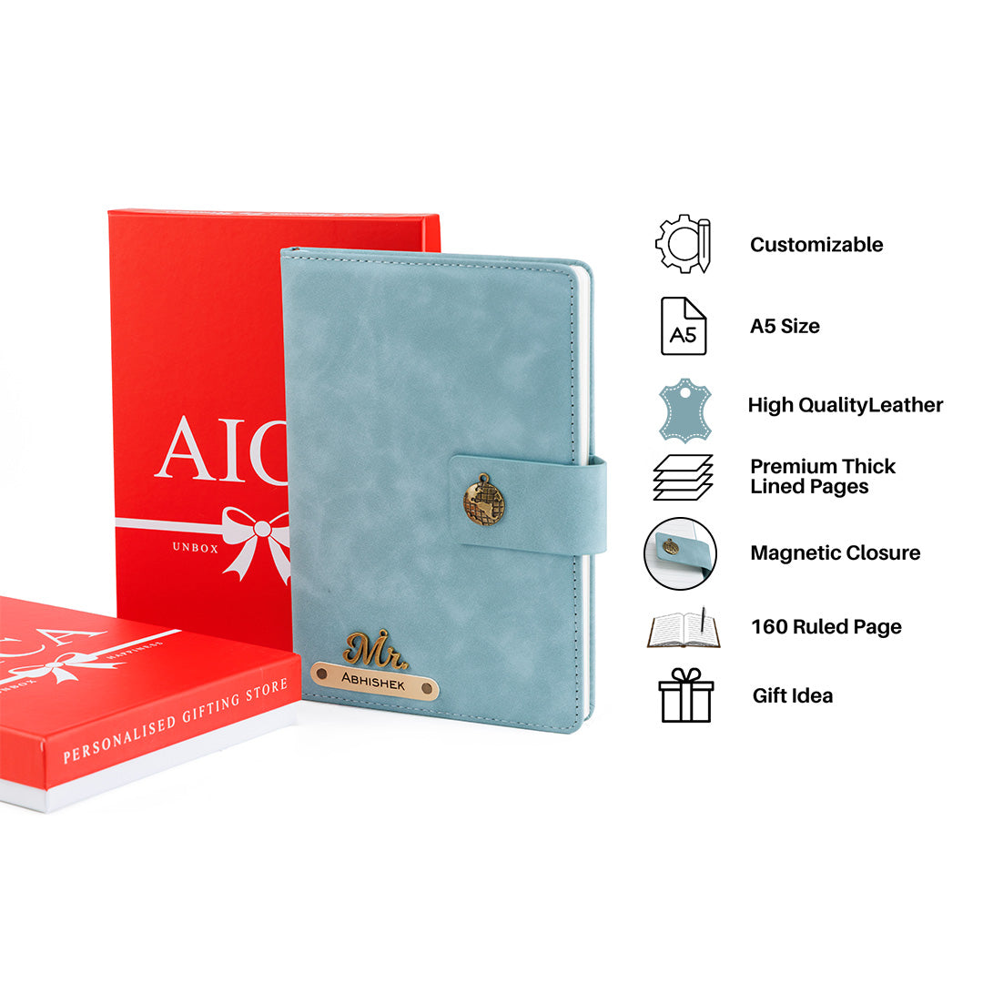 Personalized Name Leather Magnetic Diary A5 Size 200 Pages - Light Blue