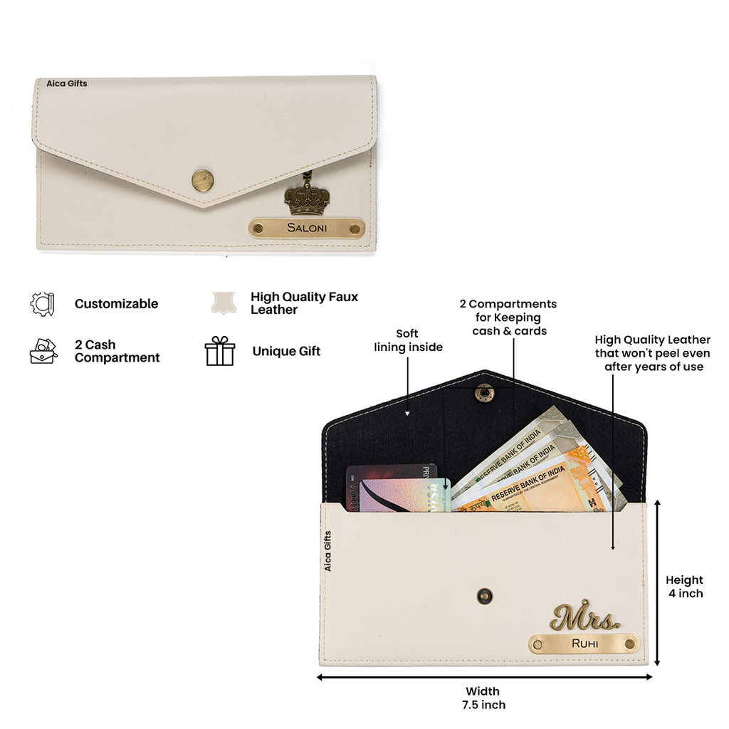 AICA Personalized Name & Charm Leather Wallet Gift for Women (Cream)