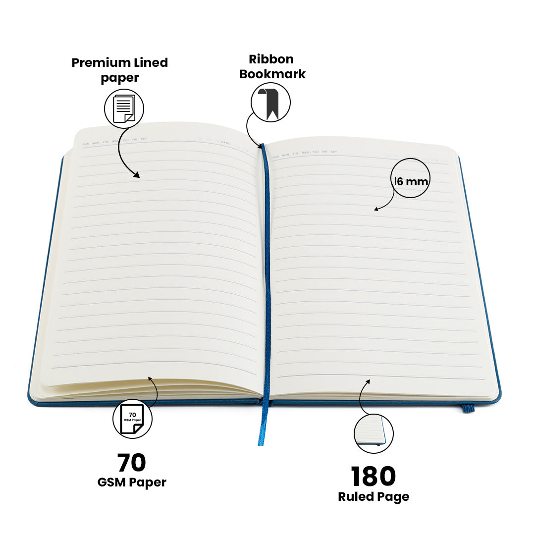 Aica Personalized Name & Charm Notebook Leather Diary - A5 Size, 180 Ruled Pages (Navy Blue) & Pen Golden Combo for Men & Women