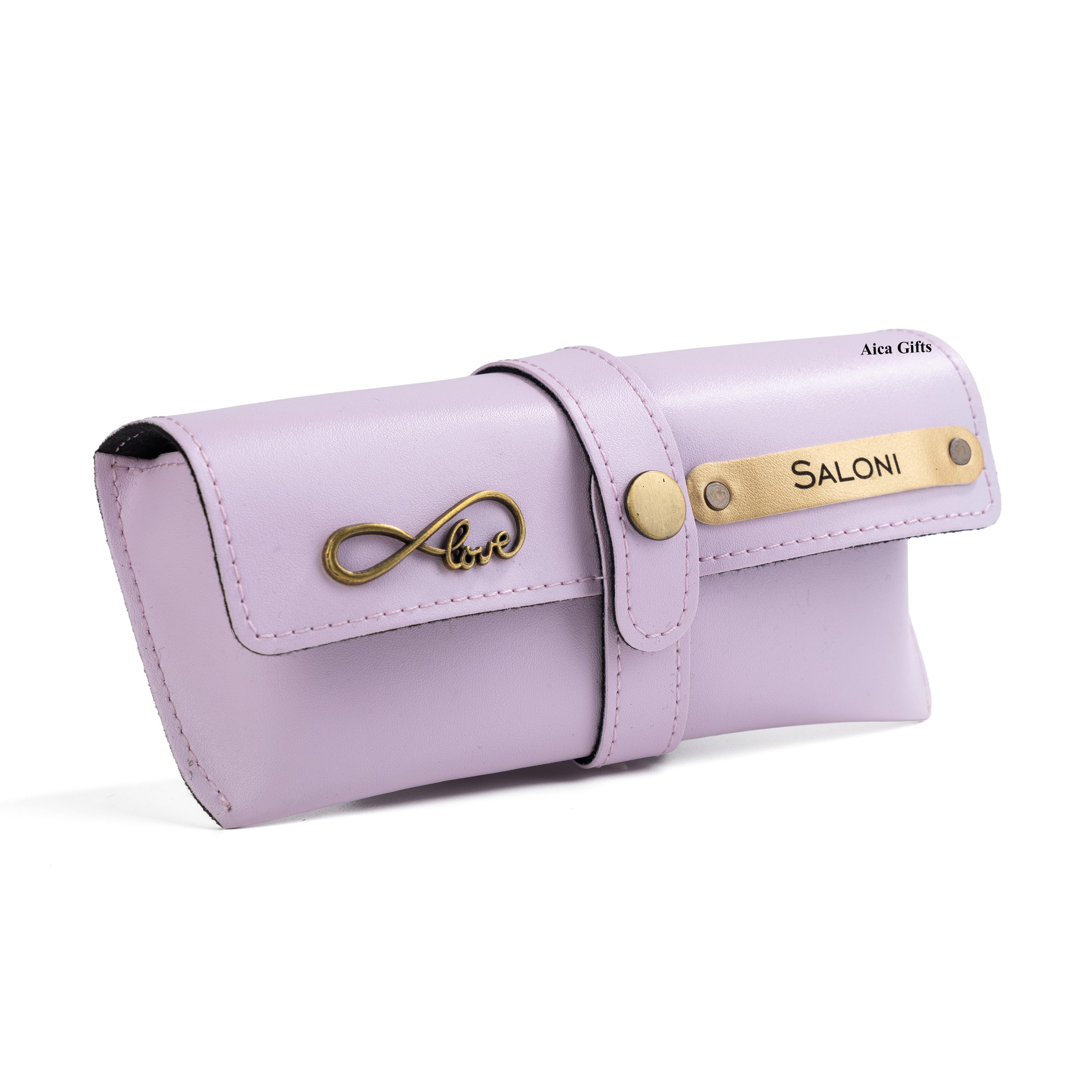 AICA Personalised Name & Charm Leather Sunglass Case Cover for Men & Women (Purple)