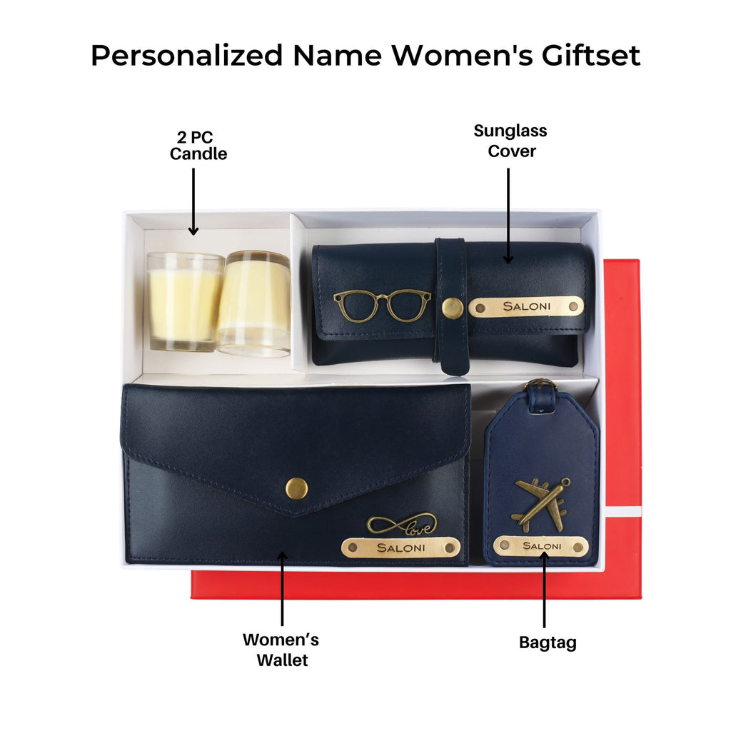 Aica Personalized Name & Charm Leather Women's Combo & Candle Giftset (Navy Blue)