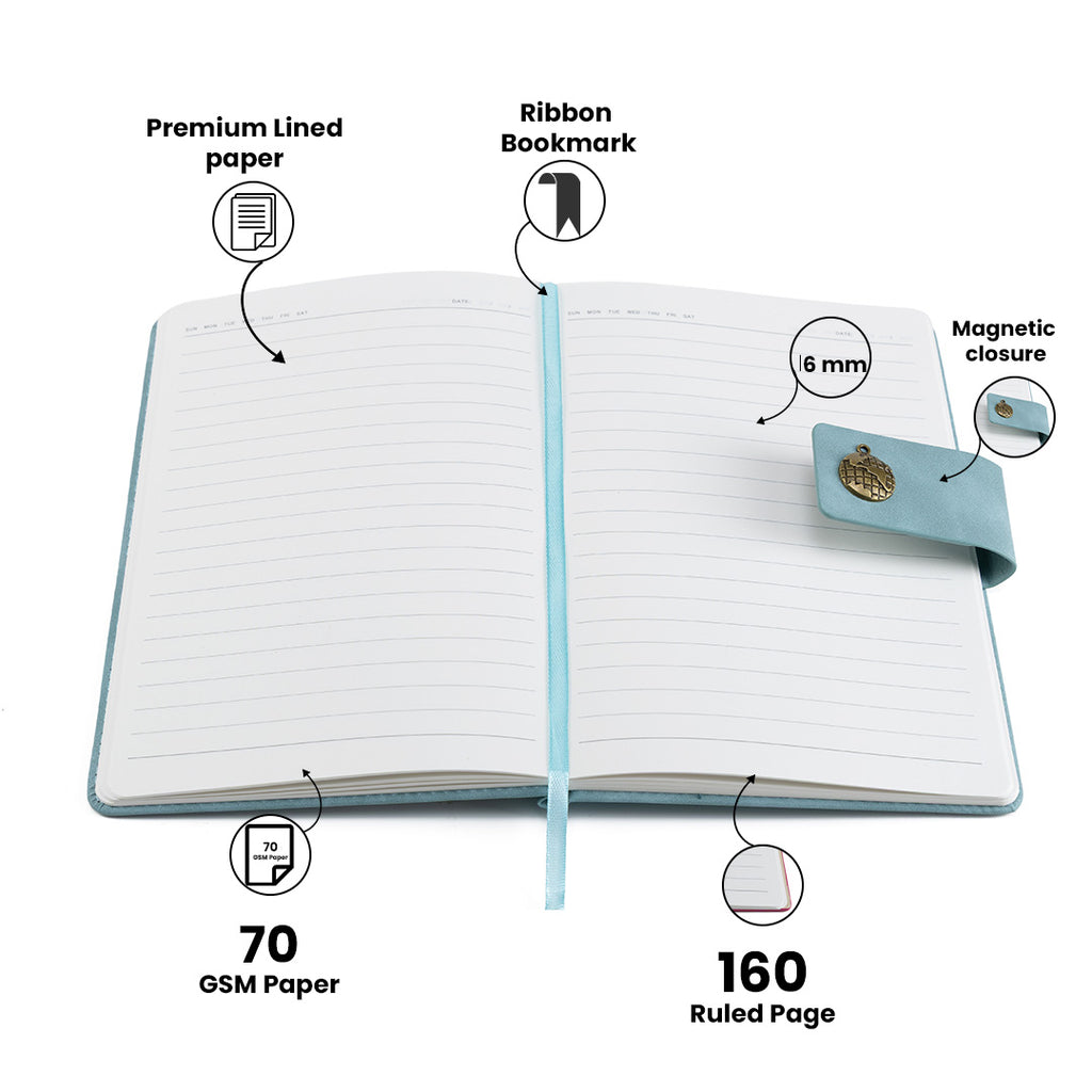 Personalized Name Leather Magnetic Diary A5 Size 200 Pages - Light Blue