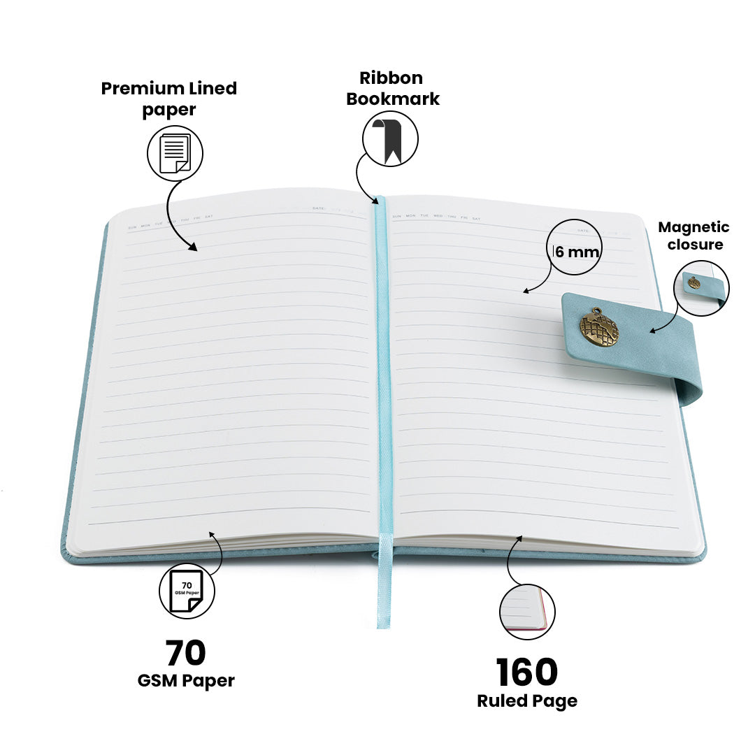 Personalized Name Leather Magnetic Diary A5 Size 200 Pages - Light Blue