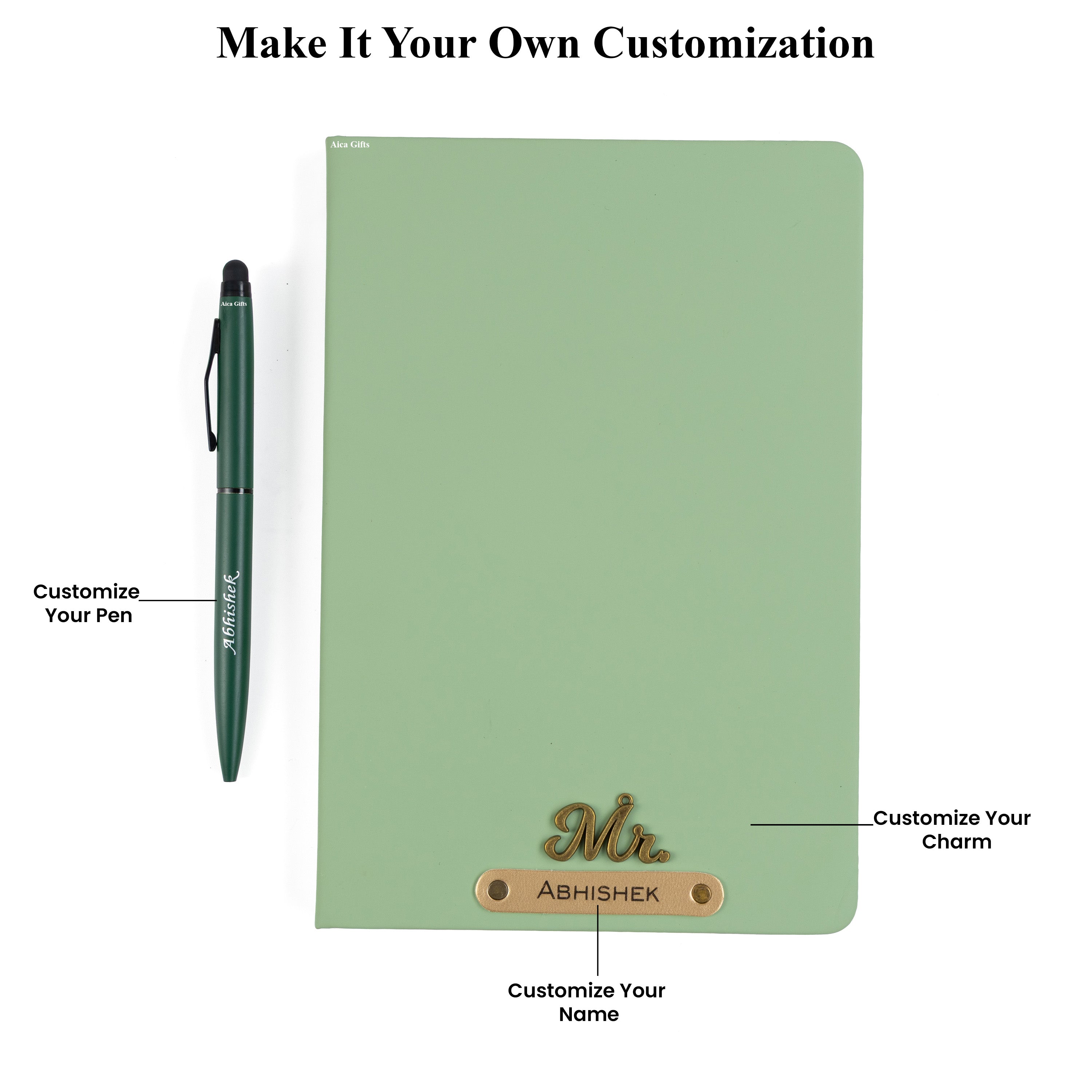 AICA Personalized Mint Green Leather Diary & Metal Pen Combo for Men & Women (Mint Green)