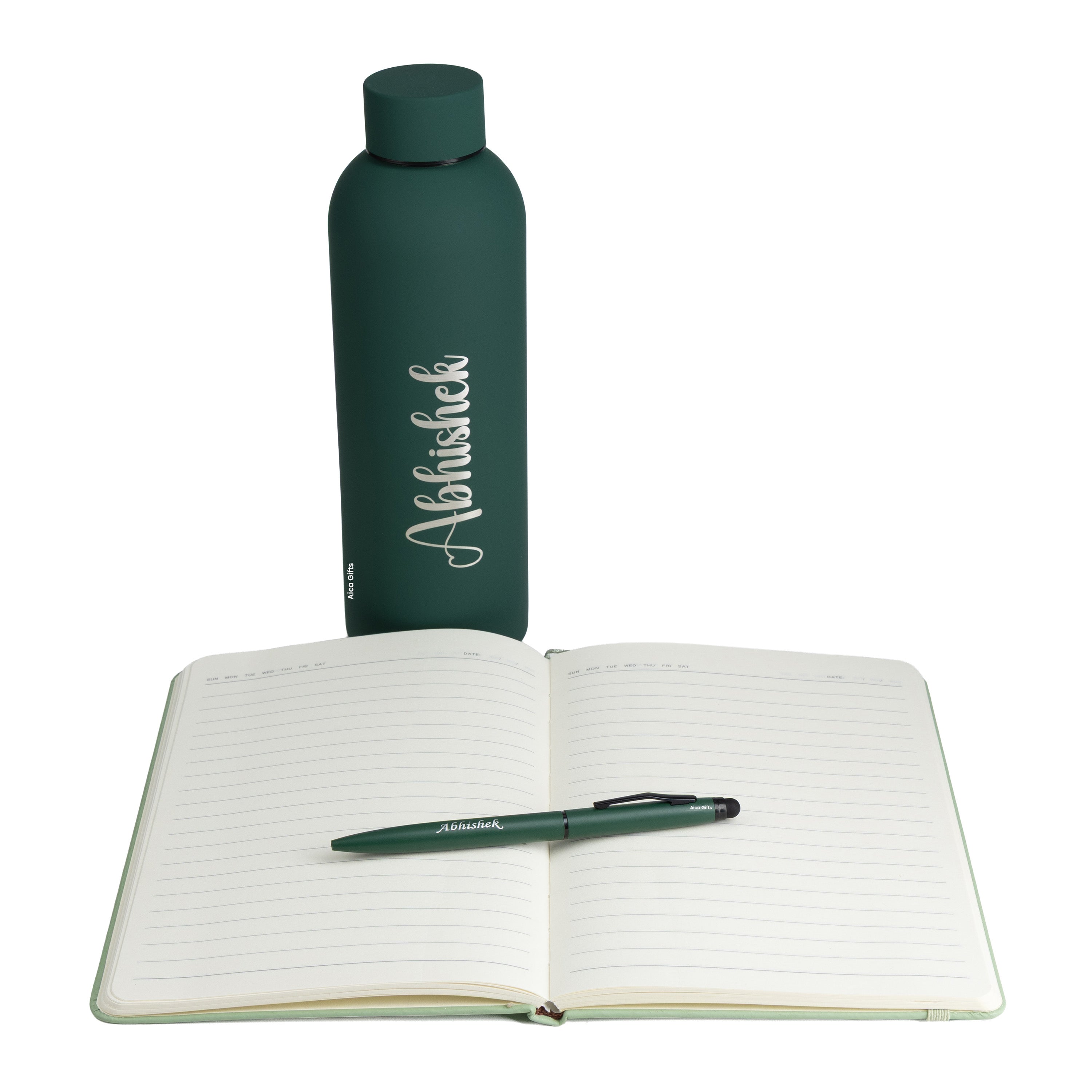 Personalized-  Pen Bottle Diary Combo Giftset - Darkgreen