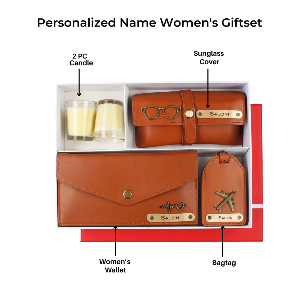 Aica Personalized Name & Charm Leather Women's Combo & Candle Giftset (Tan Brown)