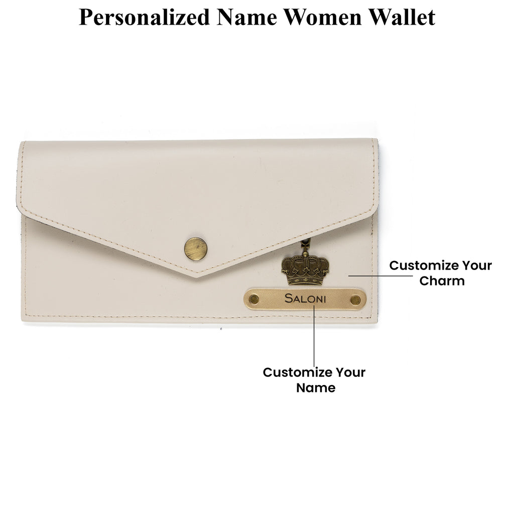 AICA Personalized Name & Charm Leather Wallet Gift for Women (Cream)