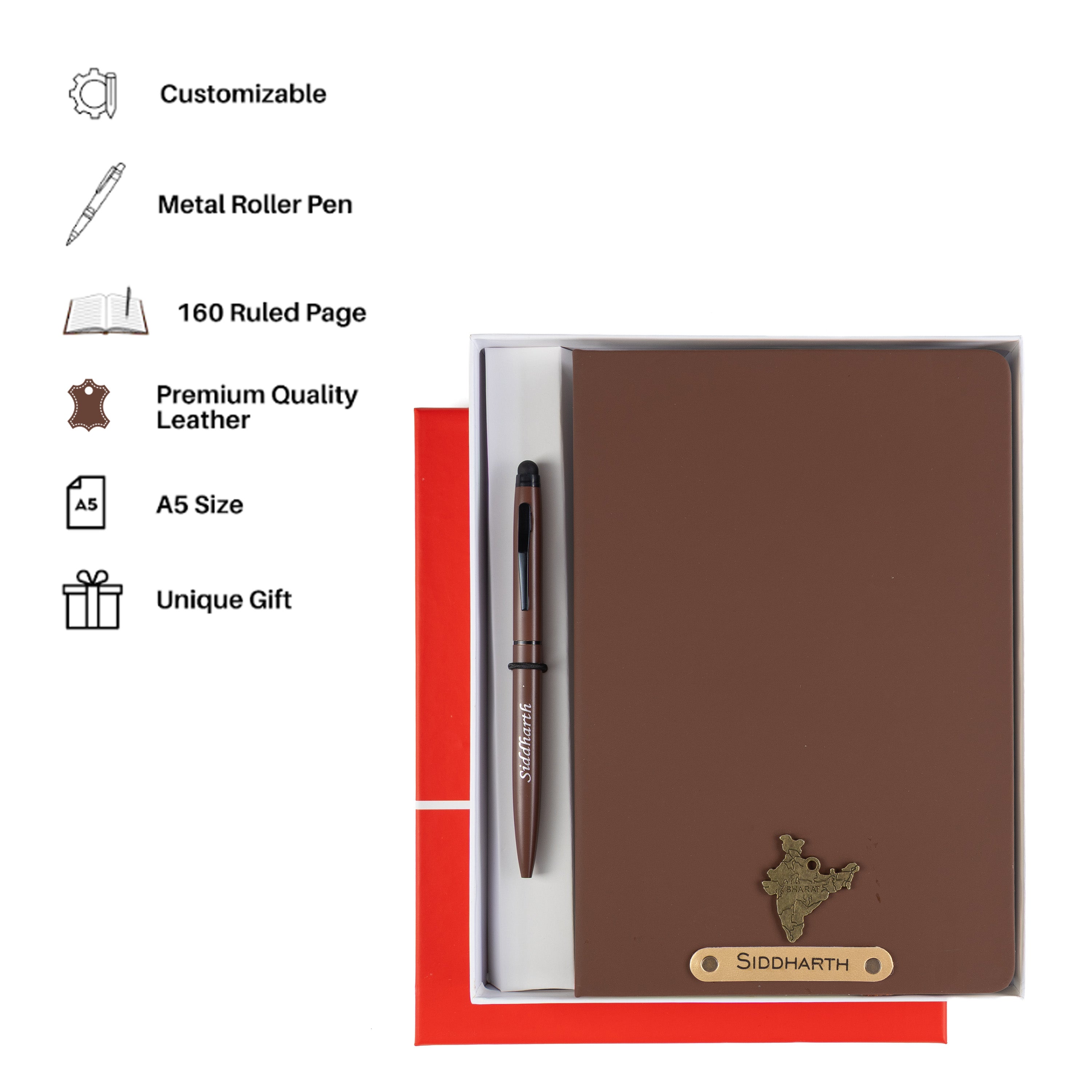 Aica Personalized Black Leather Diary & Golden Pen Combo for Men & Women | Customized Name & Charm, Matching Pen & Journal, Corporate Office Gifts for Staff, Employees, Clients, Managers, Bosses (Dark Brown)