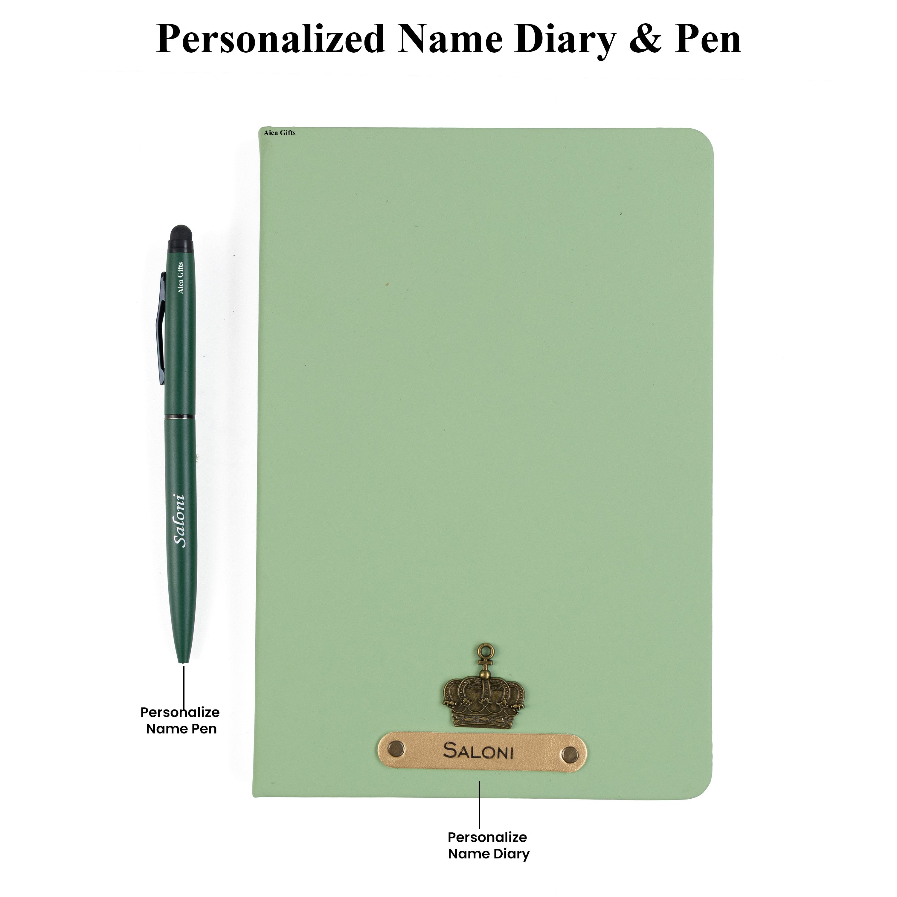 AICA Personalized Mint Green Leather Diary & Metal Pen Combo for Men & Women (Mint Green)