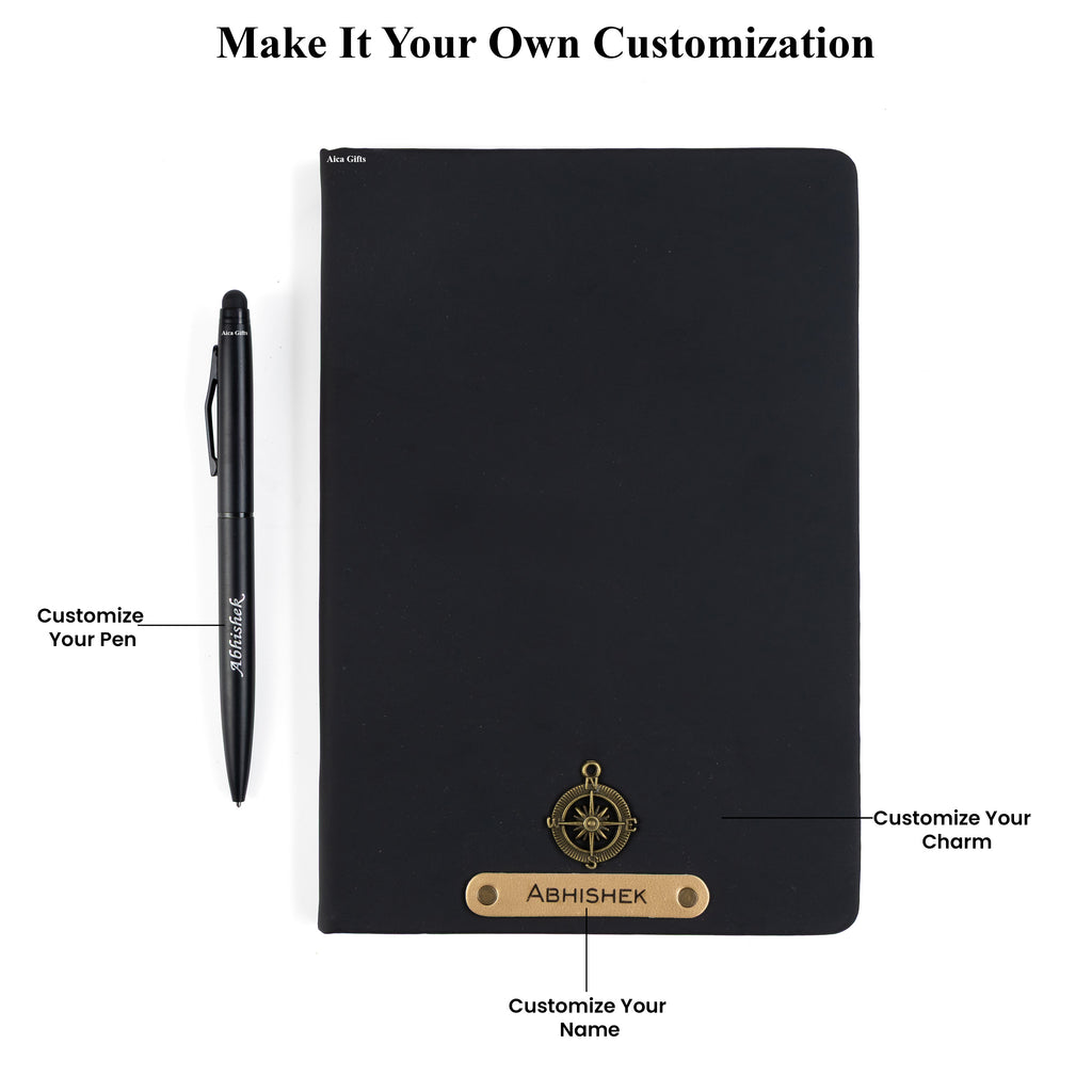 AICA Personalized Name & Charm Notebook Leather Diary - A5 Size, 180 Ruled Pages (Black) & Pen Golden for Men & Women