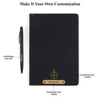 AICA Personalized Name & Charm Notebook Leather Diary - A5 Size, 180 Ruled Pages (Black) & Pen Golden for Men & Women