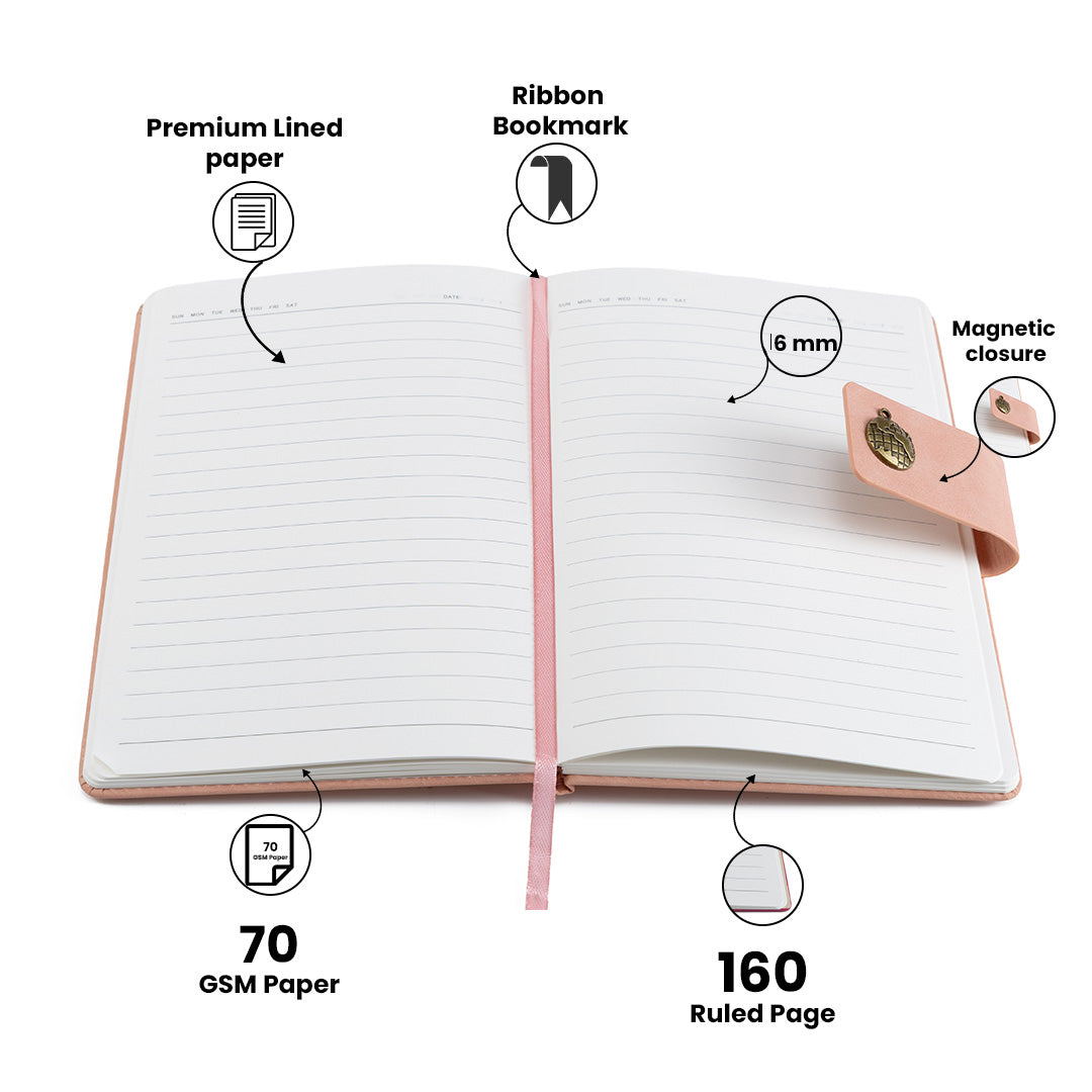 AICA Personalized Name & Charm Leather Magnetic Diary & Pen Combo (Nude Pink)