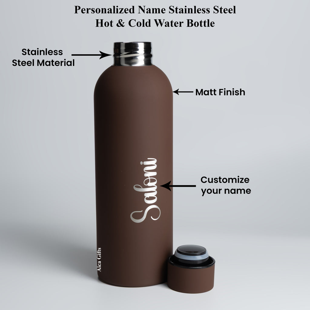 Personalized Name Stainless Steel Water Bottle - 500ml, Hot & Cold - Dark Brown
