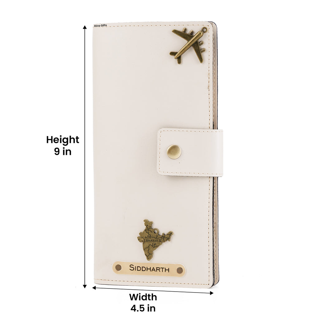 AICA Personalized Name & Charm Long Leather Wallet Passport Cover (Cream)