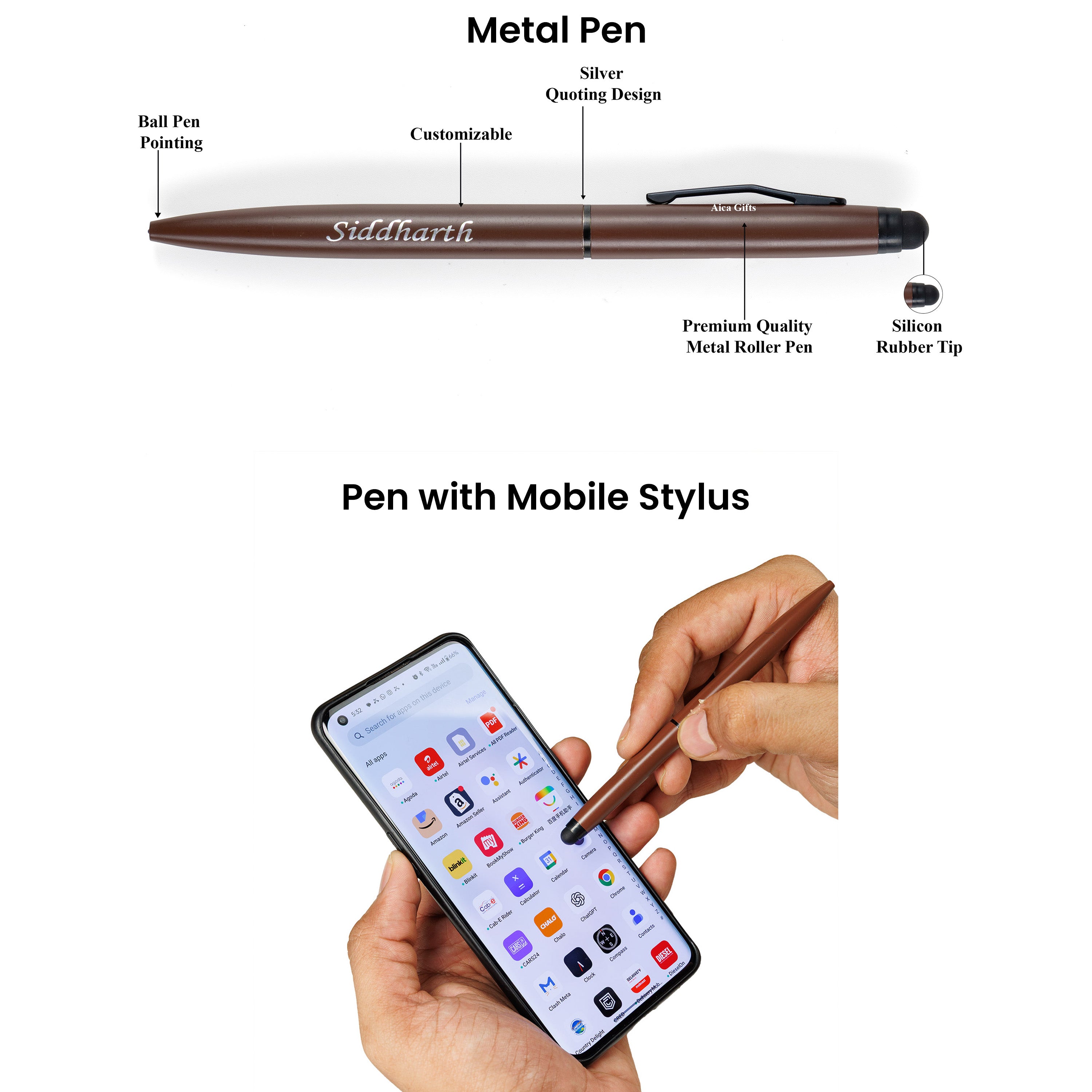 Aica Personalized Black Leather Diary & Golden Pen Combo for Men & Women | Customized Name & Charm, Matching Pen & Journal, Corporate Office Gifts for Staff, Employees, Clients, Managers, Bosses (Dark Brown)