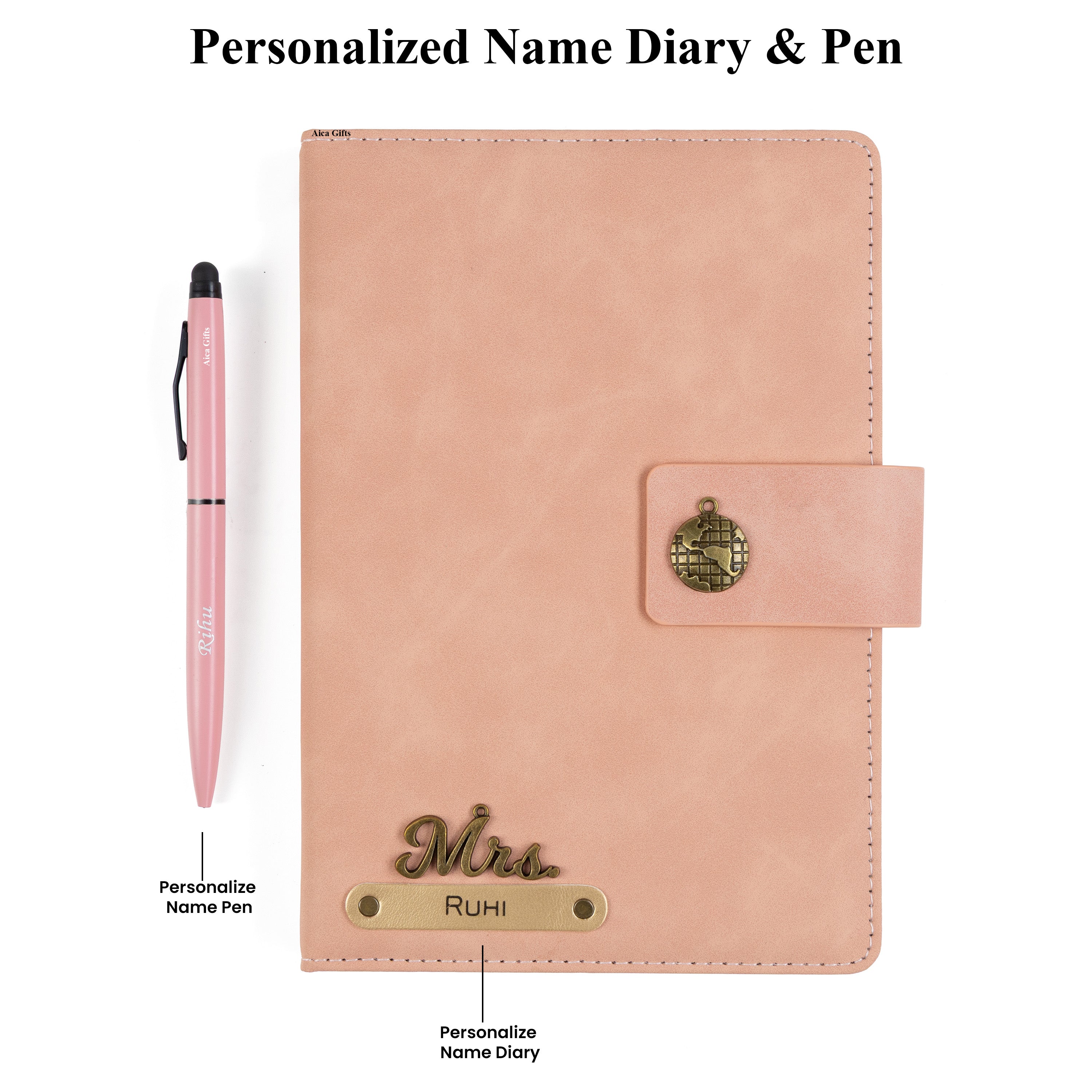 AICA Personalized Name & Charm Leather Magnetic Diary & Pen Combo (Nude Pink)