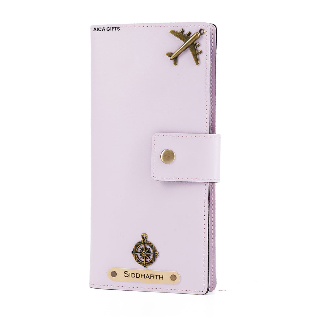 AICA Personalized Name & Charm Long Leather Wallet Passport Cover (Purple)