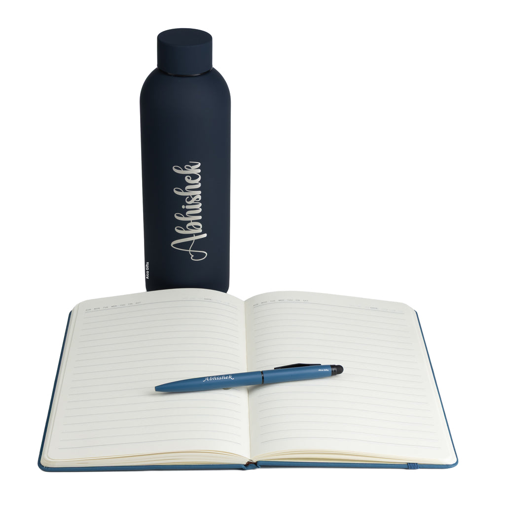 Personalized Diary Pen & Bottle – 3pcsGift Set (Navy Blue)