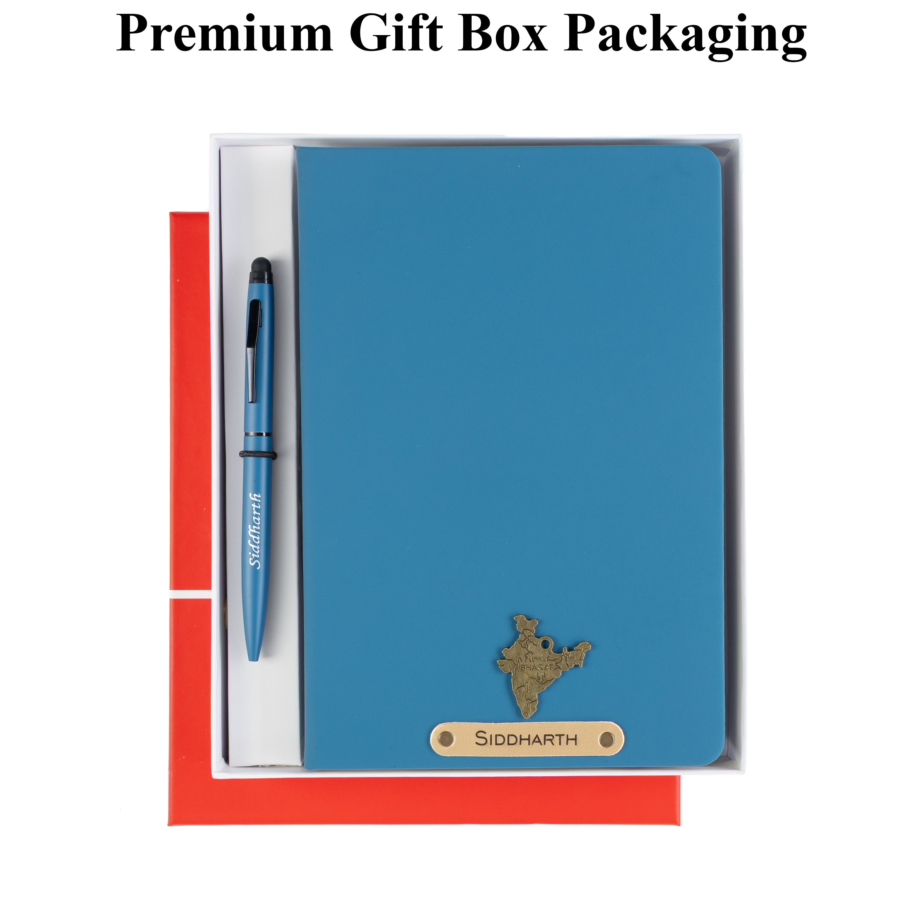 Aica Personalized Name & Charm Notebook Leather Diary - A5 Size, 180 Ruled Pages (Navy Blue) & Pen Golden Combo for Men & Women