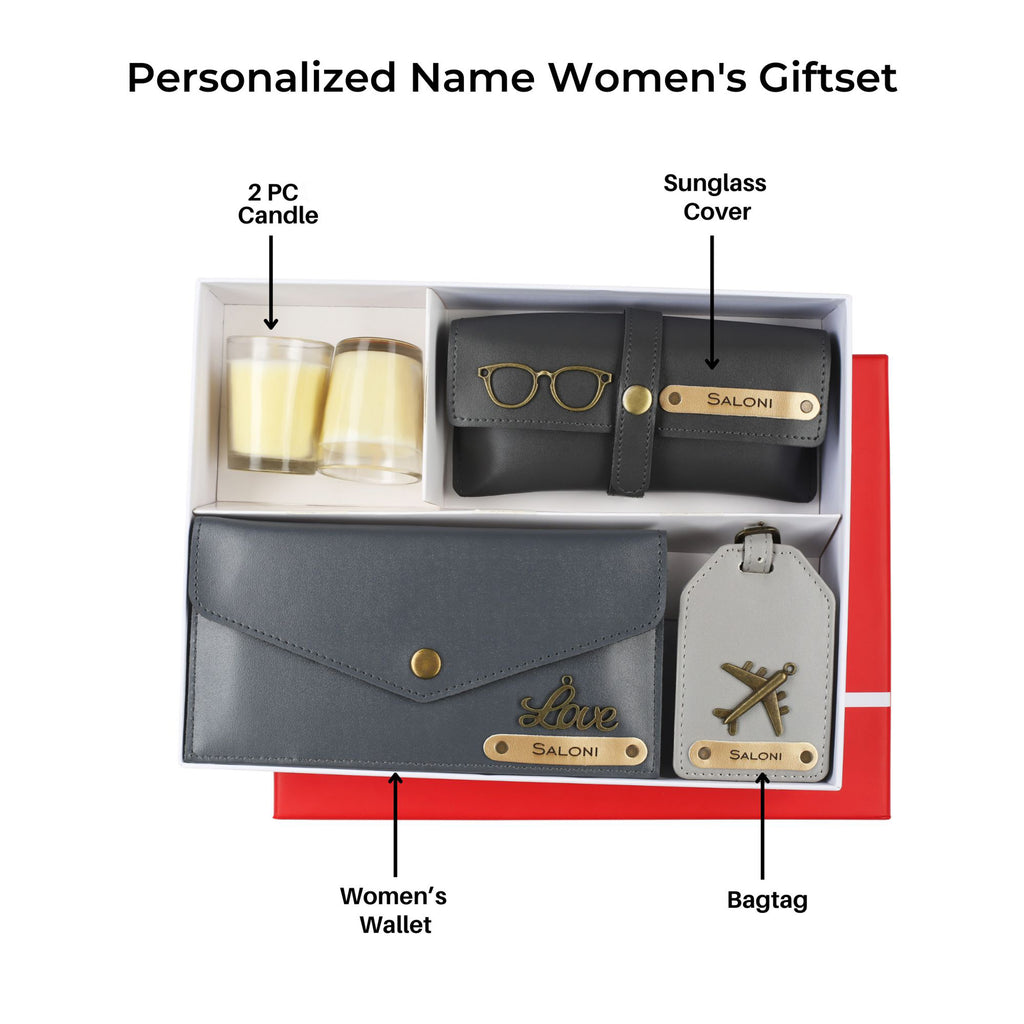 Aica Personalized Name & Charm Leather Women Combo & Candle Giftset (Grey)