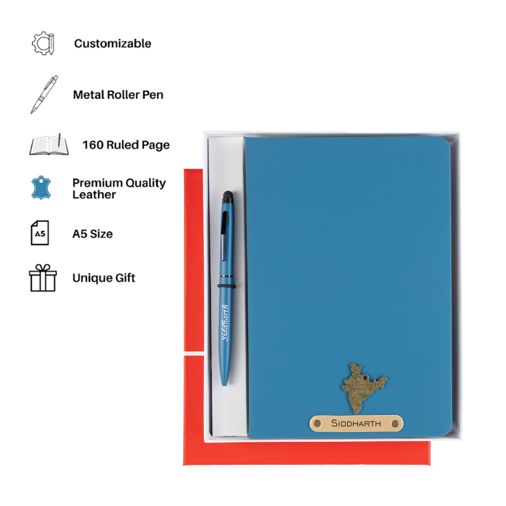 Aica Personalized Name & Charm Notebook Leather Diary - A5 Size, 180 Ruled Pages (Navy Blue) & Pen Golden Combo for Men & Women
