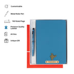 Aica Personalized Name & Charm Notebook Leather Diary - A5 Size, 180 Ruled Pages (Navy Blue) & Pen Golden Combo for Men & Women