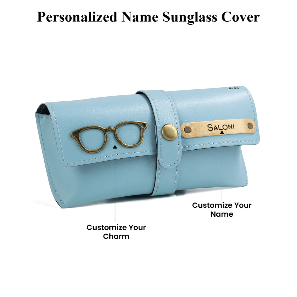 AICA Personalised Name & Charm Leather Sunglass Case Cover for Men & Women (Babyblue)