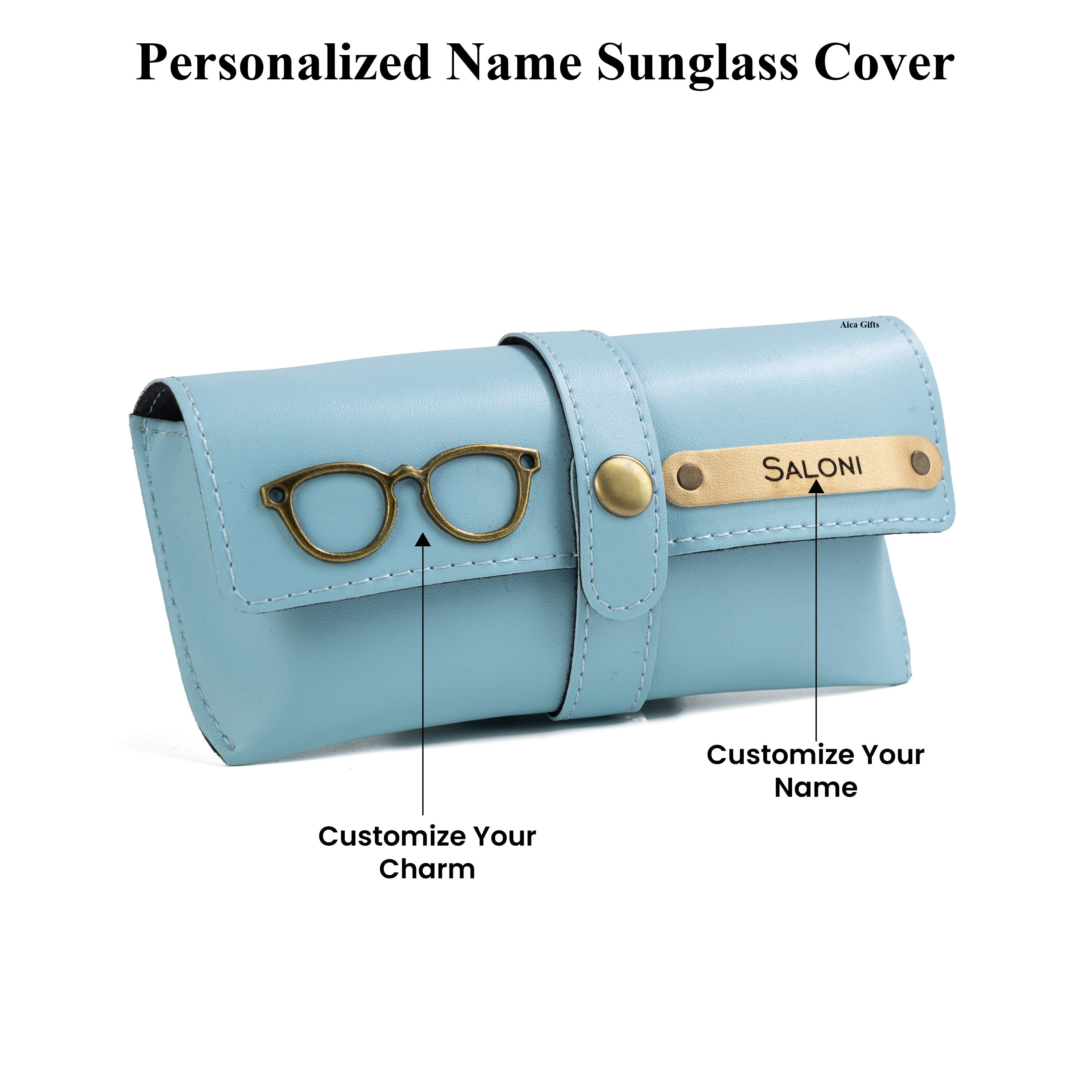 AICA Personalised Name & Charm Leather Sunglass Case Cover for Men & Women (Babyblue)