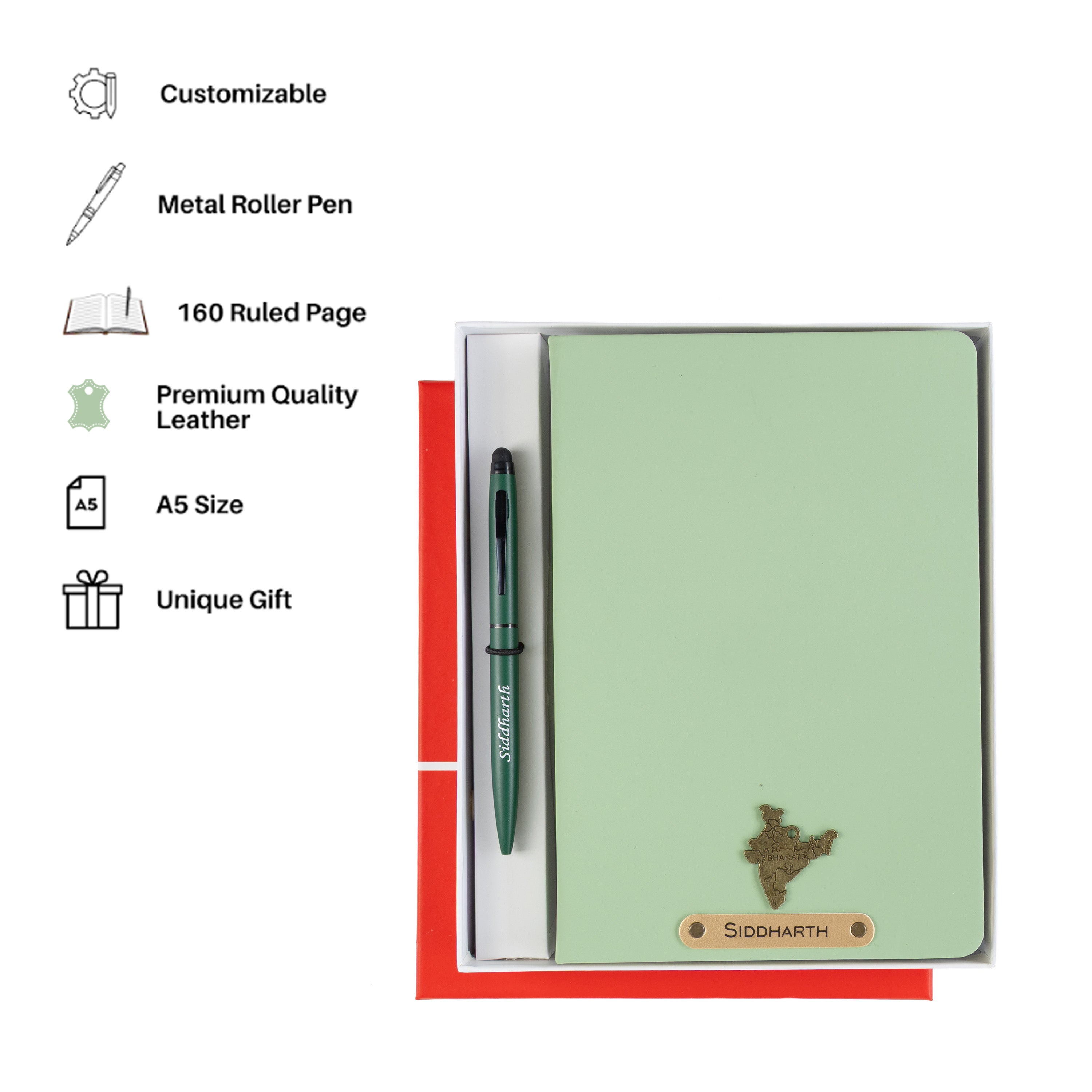 AICA Personalized Mint Green Leather Diary & Metal Pen Combo for Men & Women (Mint Green)