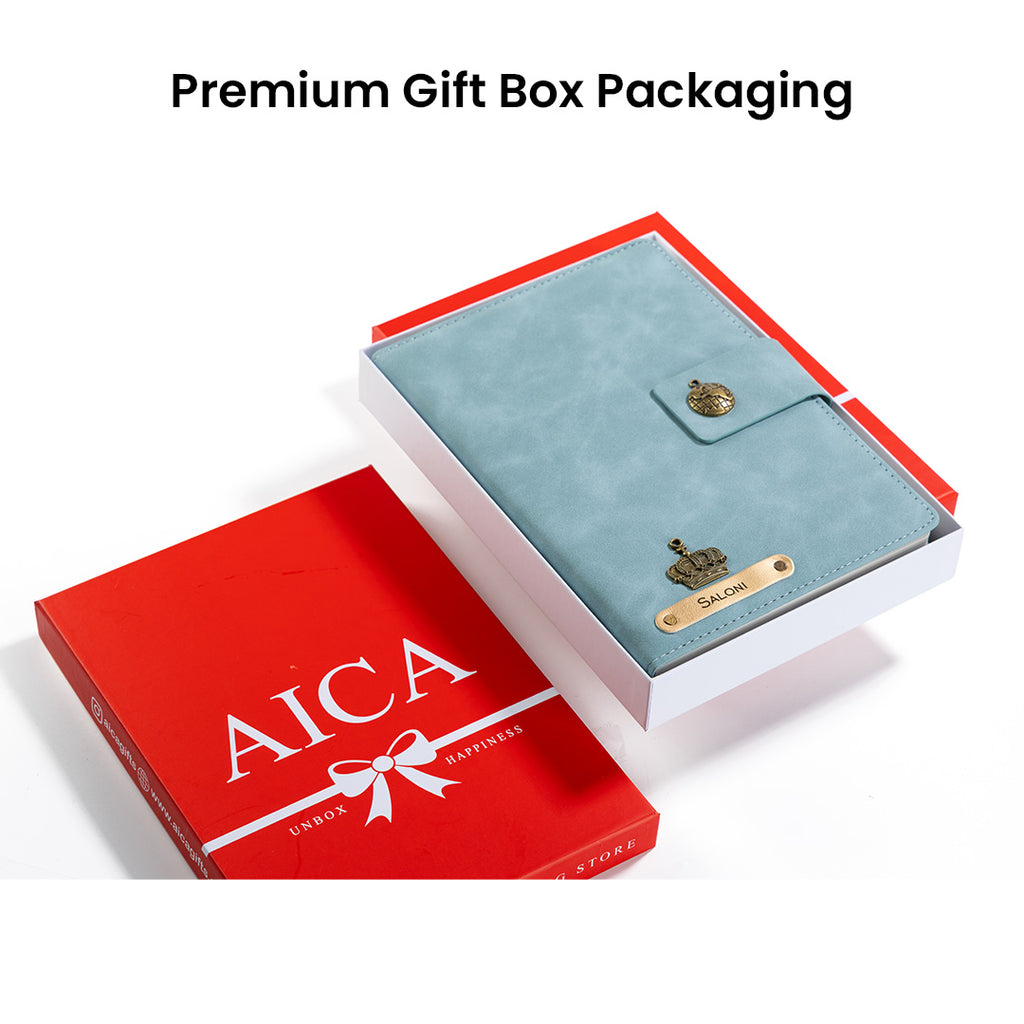 Personalized Name Leather Magnetic Diary A5 Size 200 Pages - Light Blue