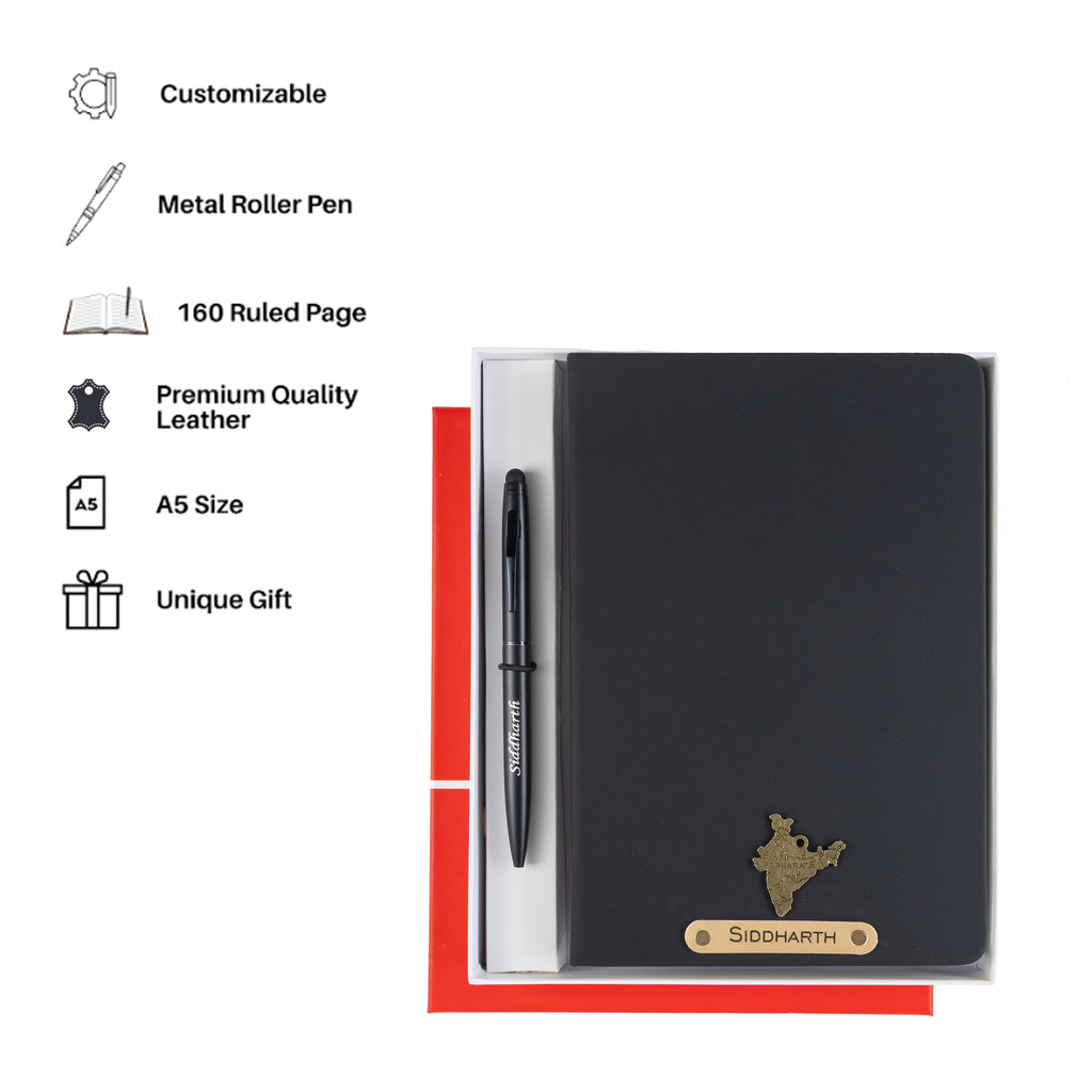 AICA Personalized Name & Charm Notebook Leather Diary - A5 Size, 180 Ruled Pages (Black) & Pen Golden for Men & Women
